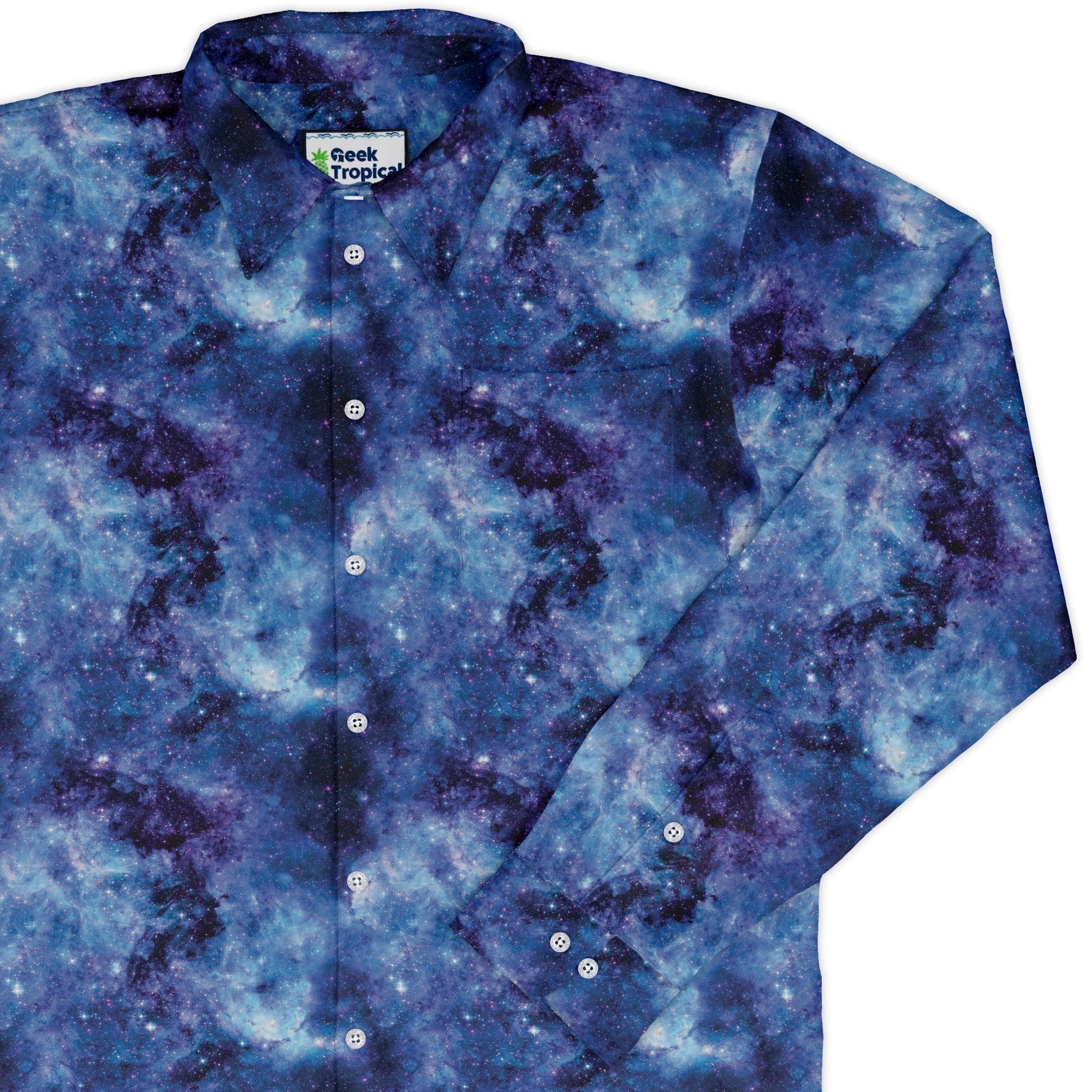 Blue Purple Nebula Space Long Sleeve Button Up Shirt Geek Nerd adult sizing FLOW DESC WRITING outer space & astronaut print