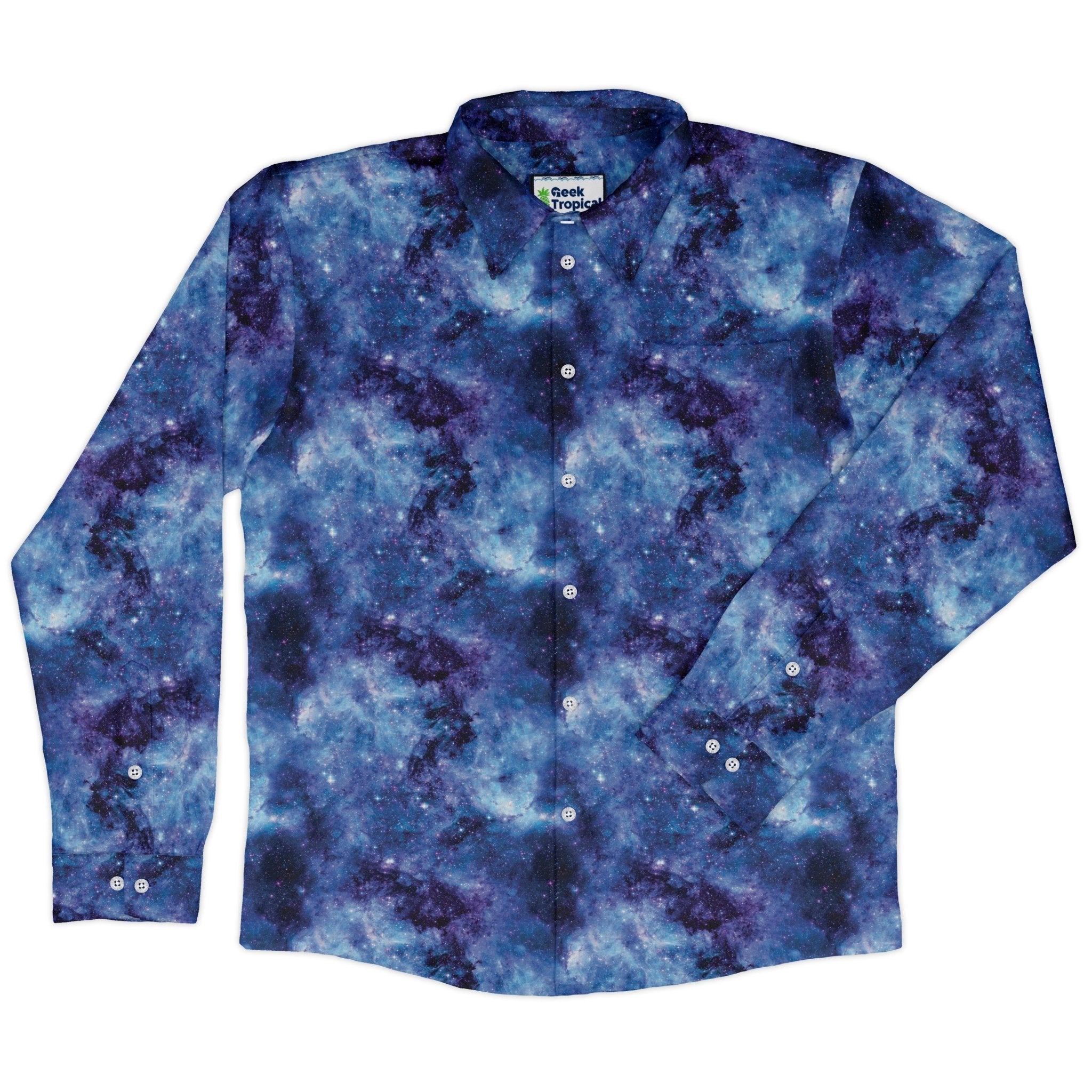 Blue Purple Nebula Space Long Sleeve Button Up Shirt Geek Nerd adult sizing FLOW DESC WRITING outer space & astronaut print