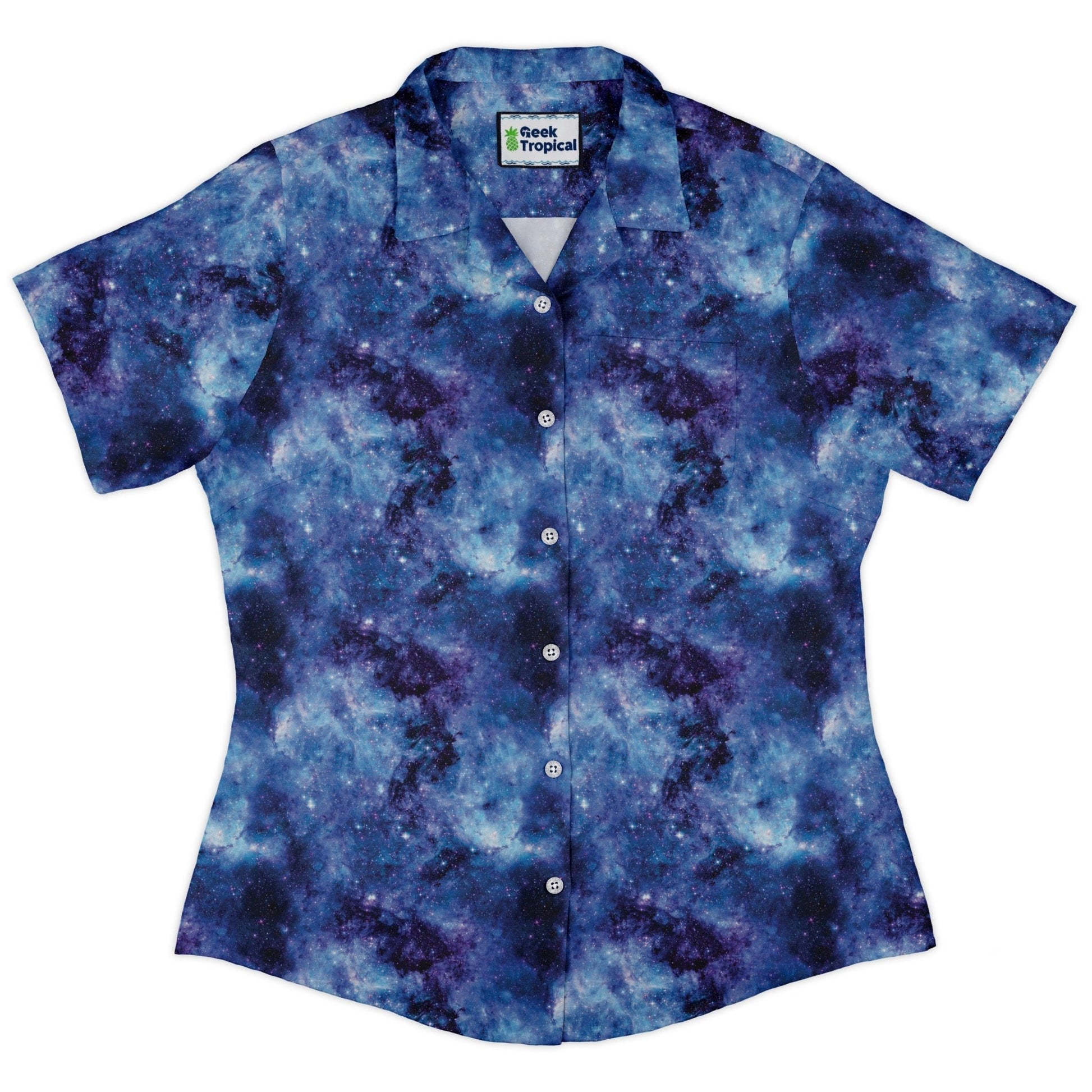 Blue Purple Nebula Space Curvy Button Up Shirt Geek Nerd outer space & astronaut print women