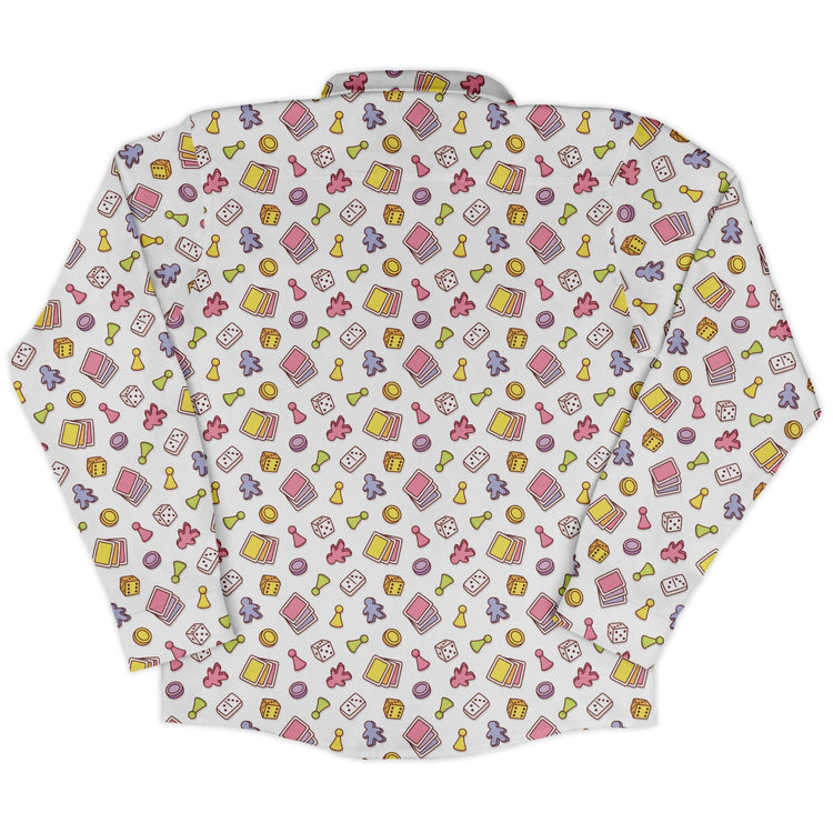 Board Game Objects Meeples White Long Sleeve Button Up Shirt Geek Nerd adult sizing board game print FLOW DESC WRITING