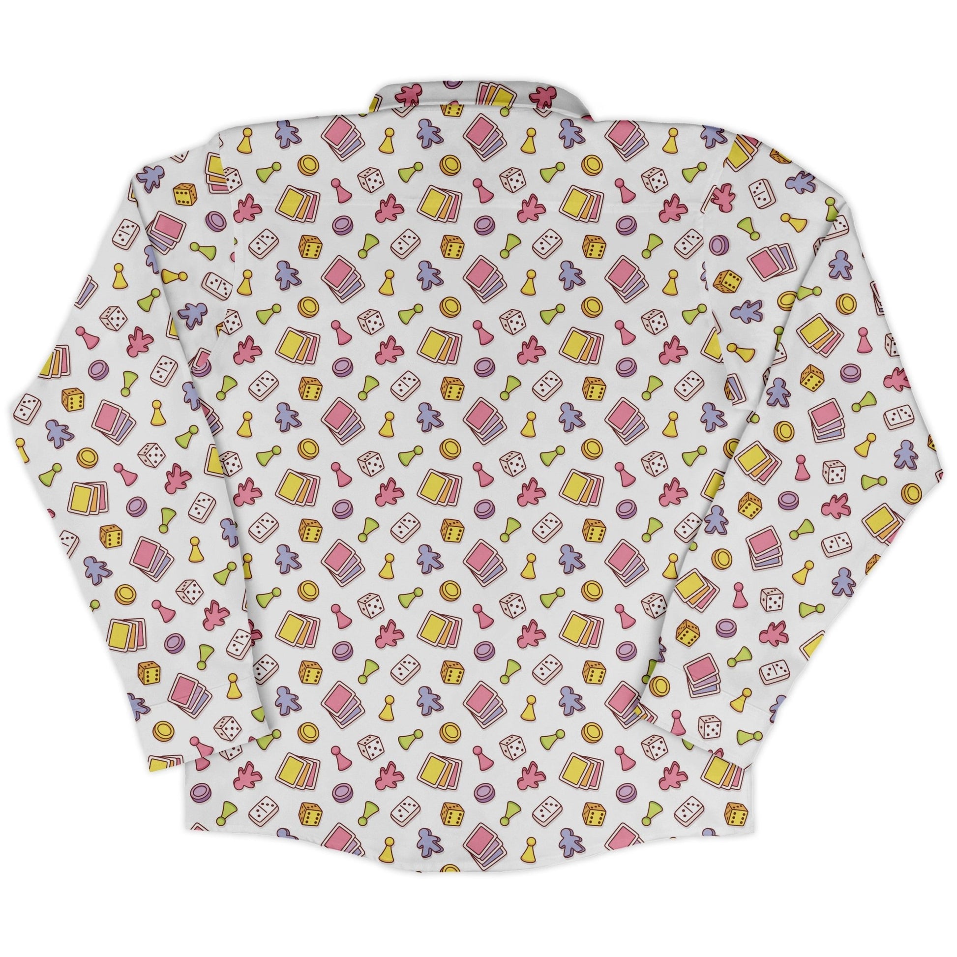 Board Game Objects Meeples White Long Sleeve Button Up Shirt Geek Nerd adult sizing board game print FLOW DESC WRITING