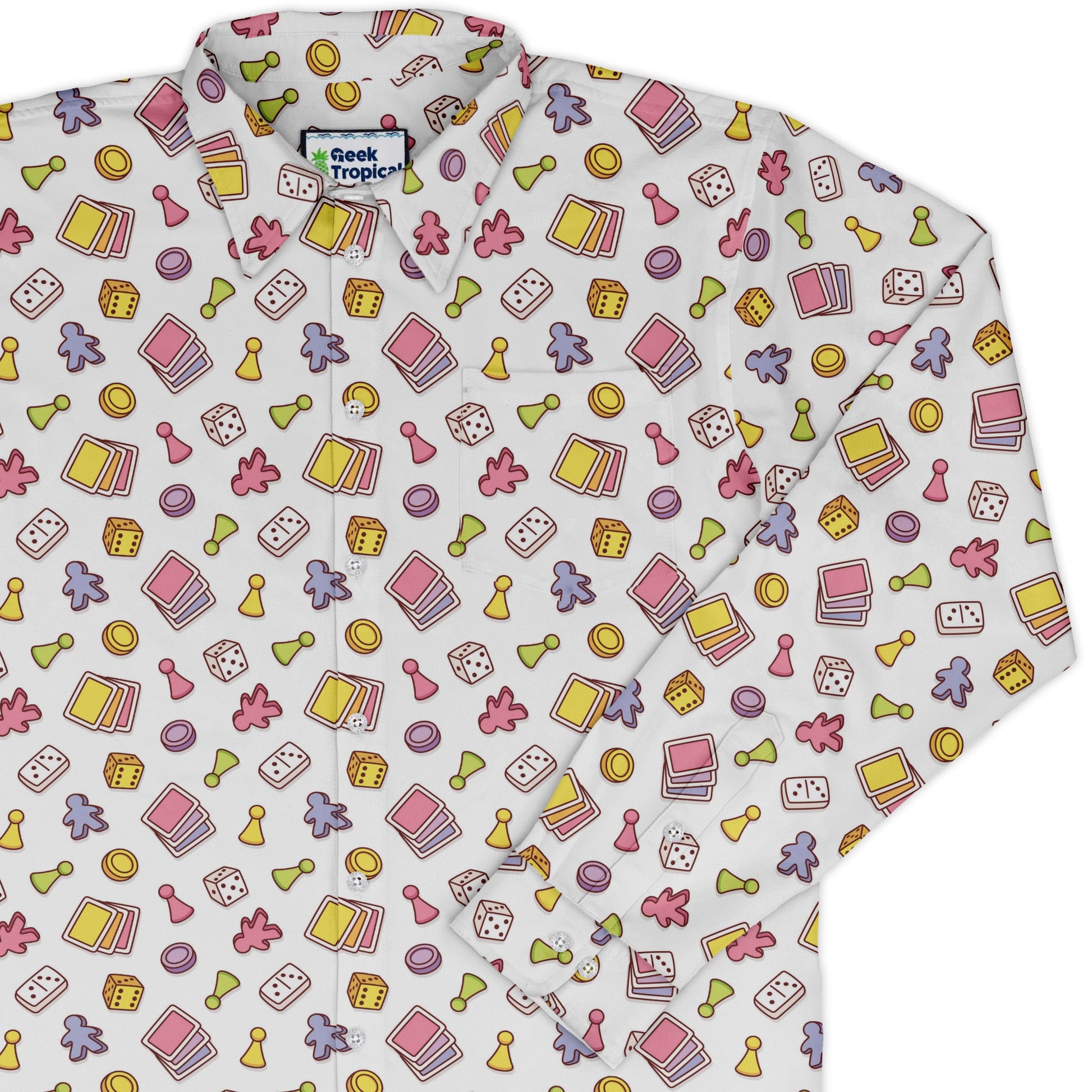 Board Game Objects Meeples White Long Sleeve Button Up Shirt Geek Nerd adult sizing board game print FLOW DESC WRITING