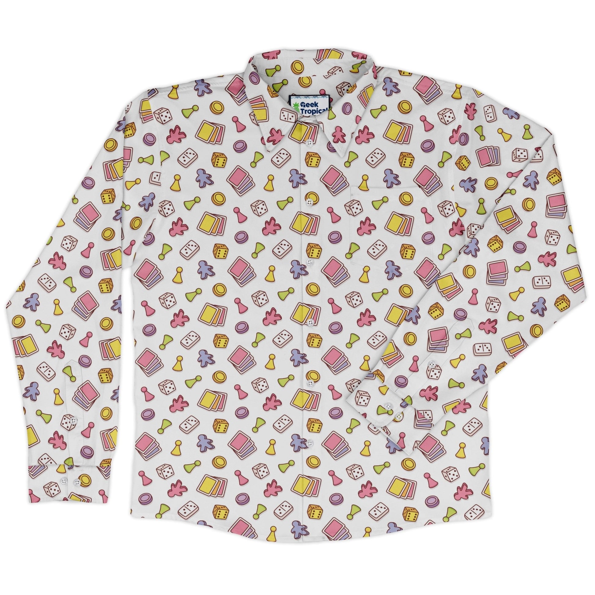 Board Game Objects Meeples White Long Sleeve Button Up Shirt Geek Nerd adult sizing board game print FLOW DESC WRITING