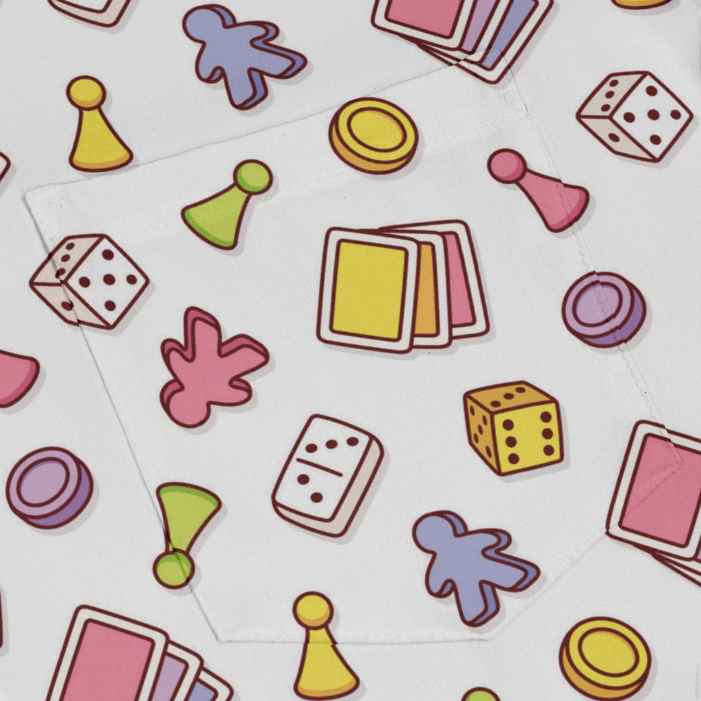 Board Game Objects Meeples White Long Sleeve Button Up Shirt Geek Nerd adult sizing board game print FLOW DESC WRITING