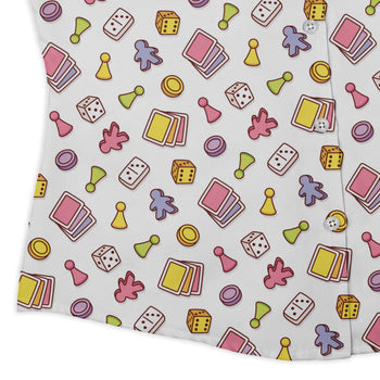 Board Game Objects Meeples White Curvy Button Up Shirt Geek Nerd board game print women