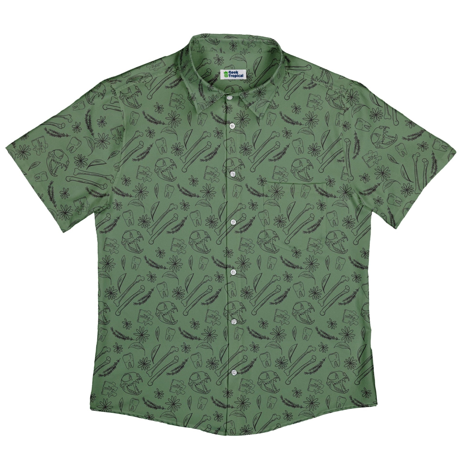 Bones and Flowers Green Button Up Shirt Geek Nerd 0925 adult sizing All Adult Button Up Shirts