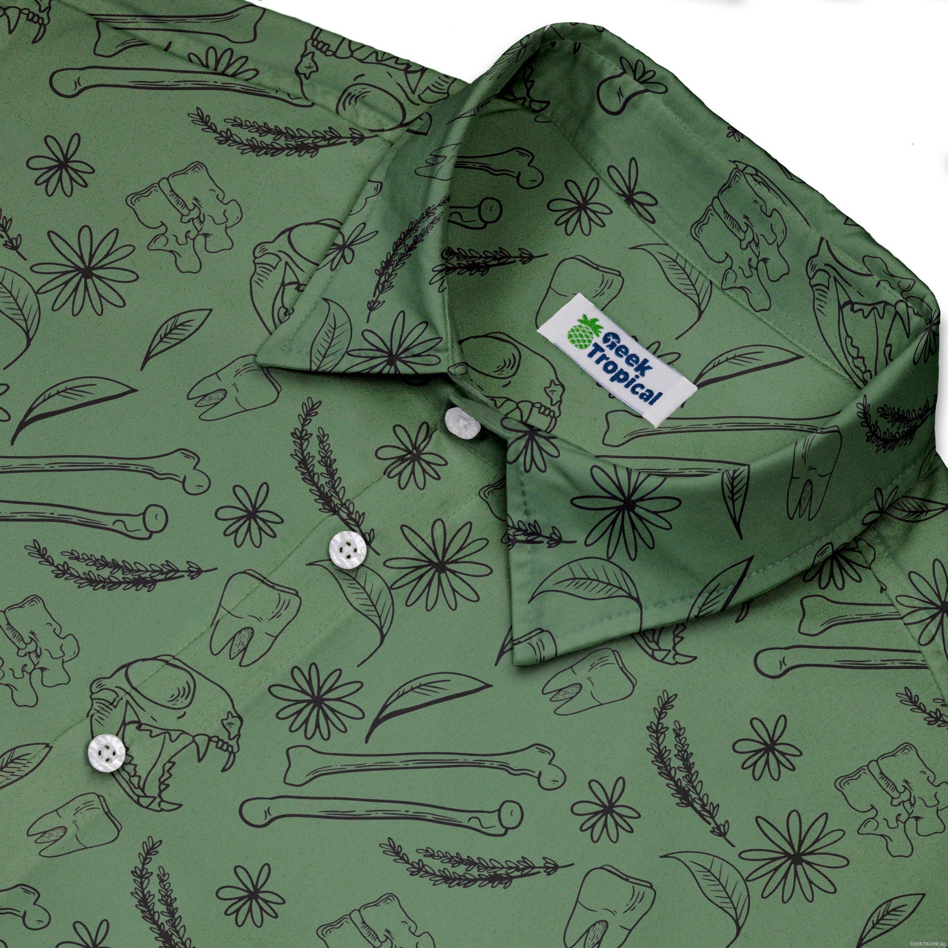 Bones and Flowers Green Button Up Shirt Geek Nerd 0925 adult sizing All Adult Button Up Shirts