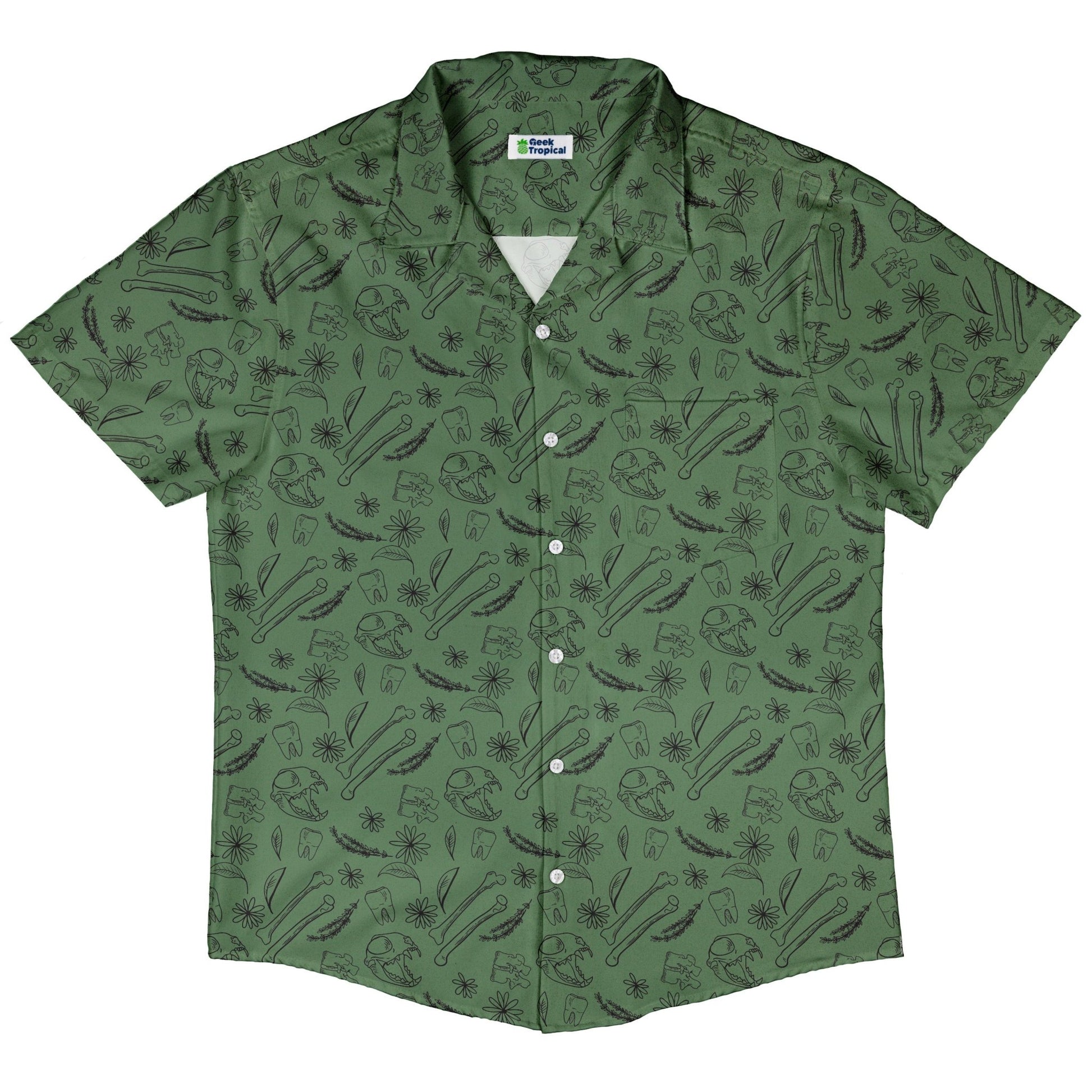 Bones and Flowers Green Button Up Shirt Geek Nerd 0925 adult sizing All Adult Button Up Shirts