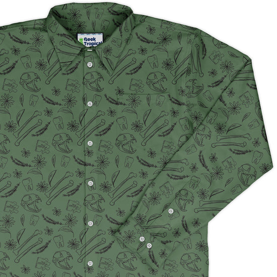 Bones and Flowers Green Long Sleeve Button Up Shirt Geek Nerd 0925 adult sizing All Adult Button Up Shirts
