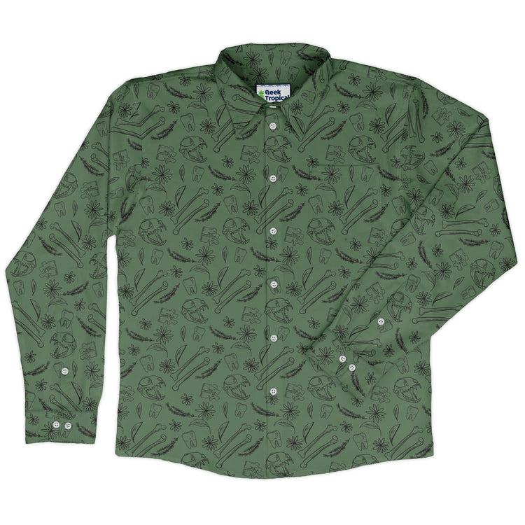 Bones and Flowers Green Long Sleeve Button Up Shirt Geek Nerd 0925 adult sizing All Adult Button Up Shirts