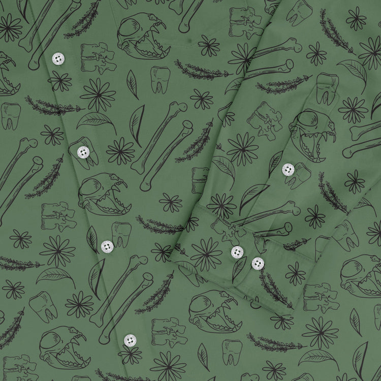 Bones and Flowers Green Long Sleeve Button Up Shirt Geek Nerd 0925 adult sizing All Adult Button Up Shirts
