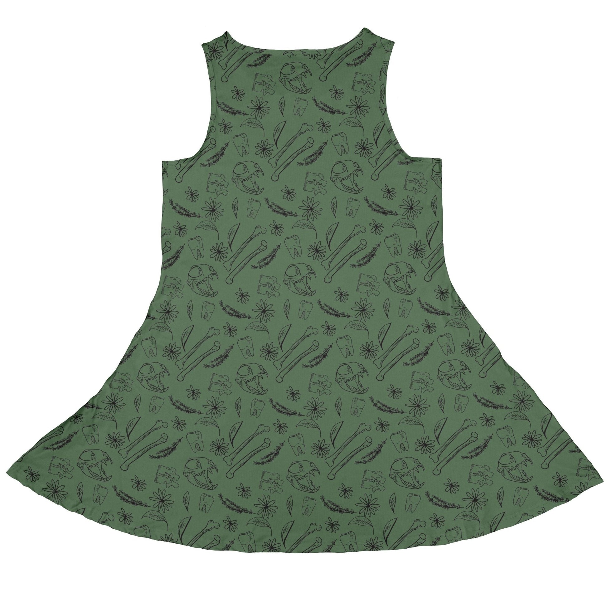 Bones and Flowers Green Dress Geek Nerd 0925 Botany Print Design by Heather Davenport