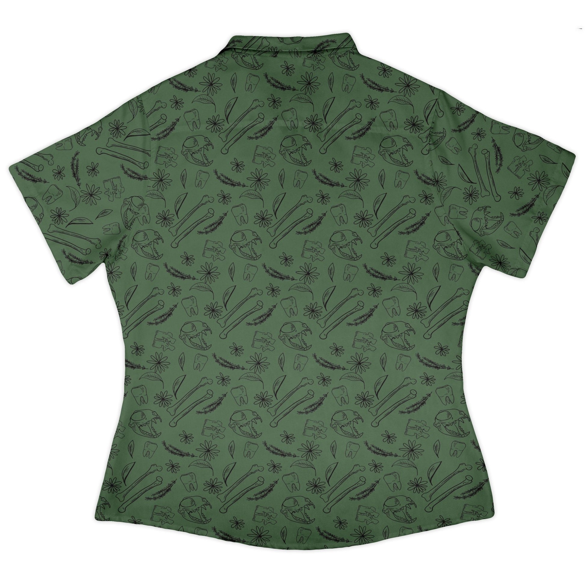 Bones and Flowers Green Curvy Button Up Shirt Geek Nerd 0925 All Adult Button Up Shirts Botany Print