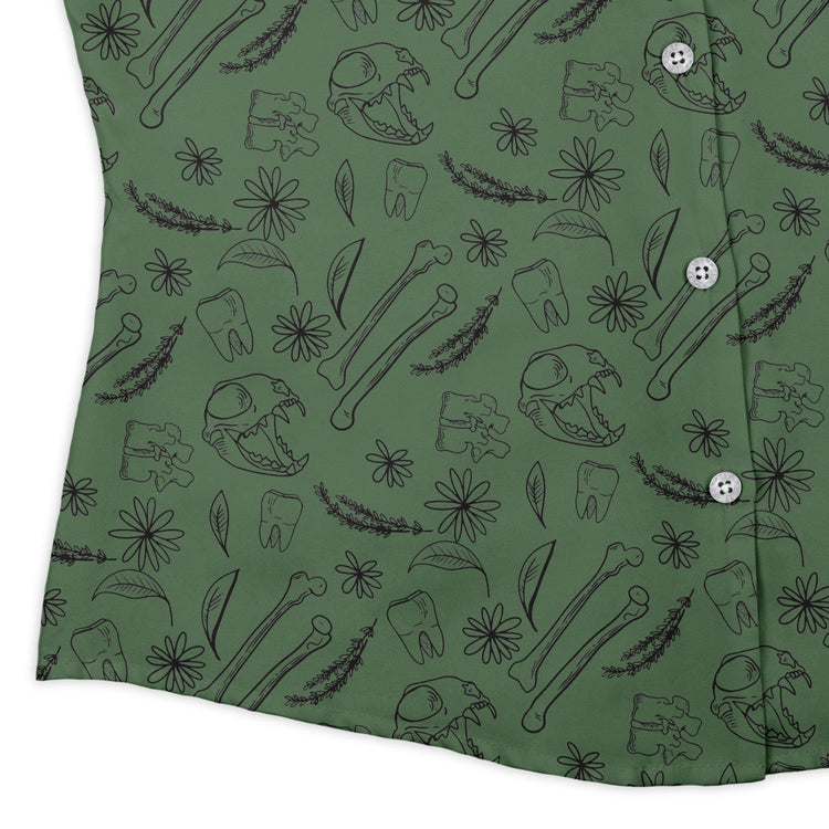 Bones and Flowers Green Curvy Button Up Shirt Geek Nerd 0925 All Adult Button Up Shirts Botany Print