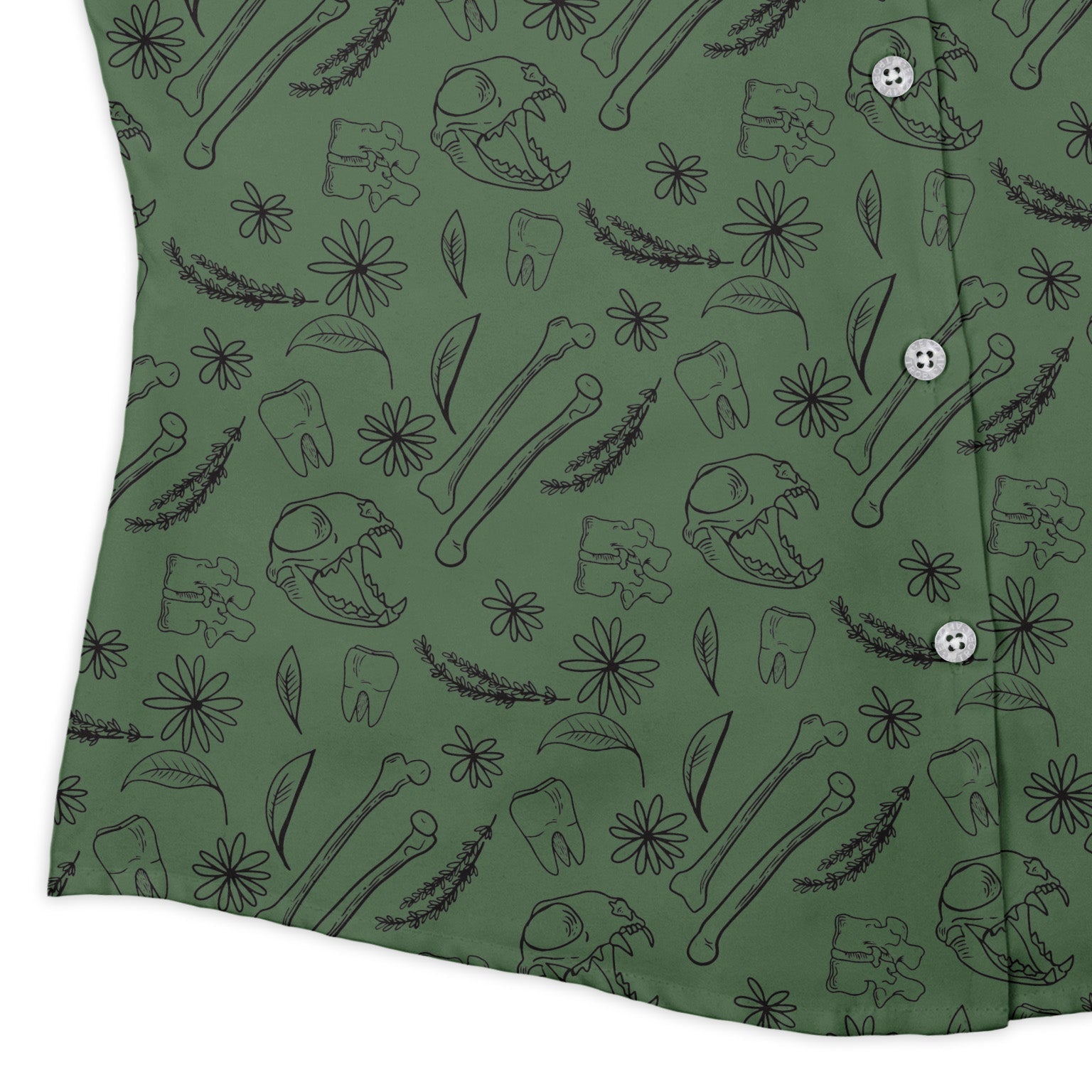 Bones and Flowers Green Curvy Button Up Shirt Geek Nerd 0925 All Adult Button Up Shirts Botany Print