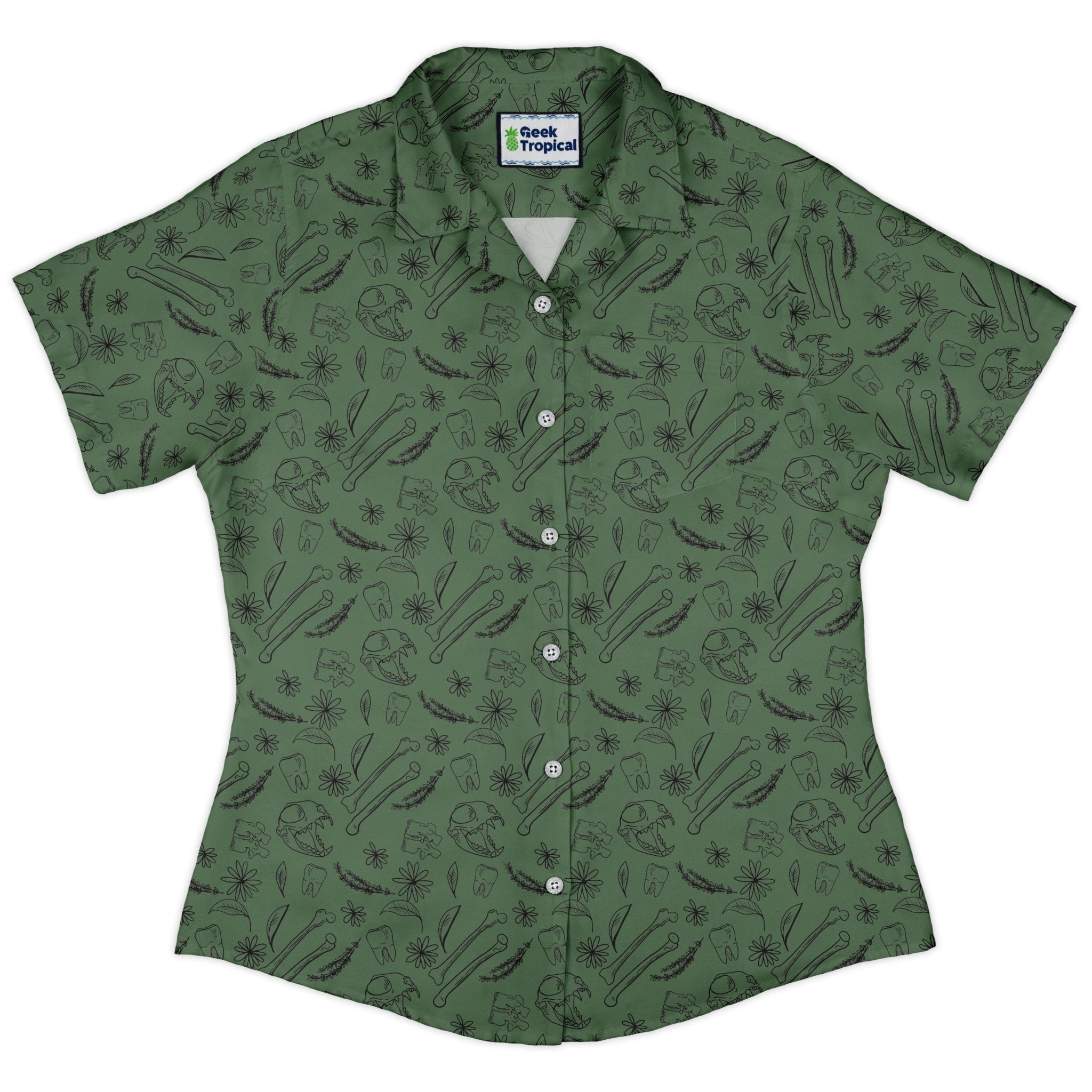 Bones and Flowers Green Curvy Button Up Shirt Geek Nerd 0925 All Adult Button Up Shirts Botany Print