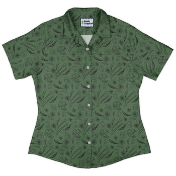 Bones and Flowers Green Curvy Button Up Shirt Geek Nerd 0925 All Adult Button Up Shirts Botany Print