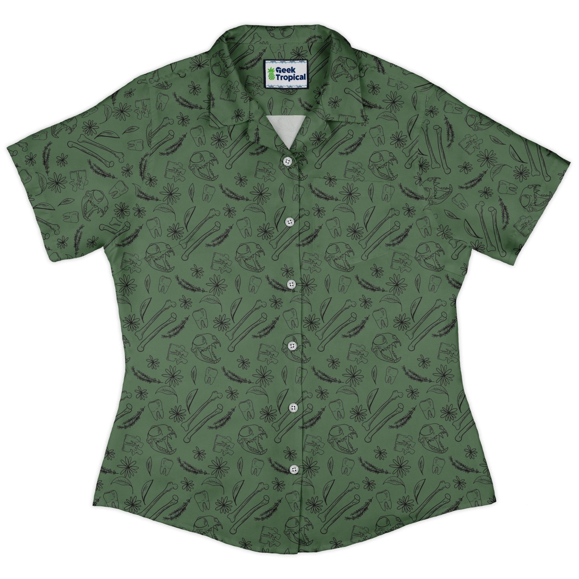 Bones and Flowers Green Curvy Button Up Shirt Geek Nerd 0925 All Adult Button Up Shirts Botany Print