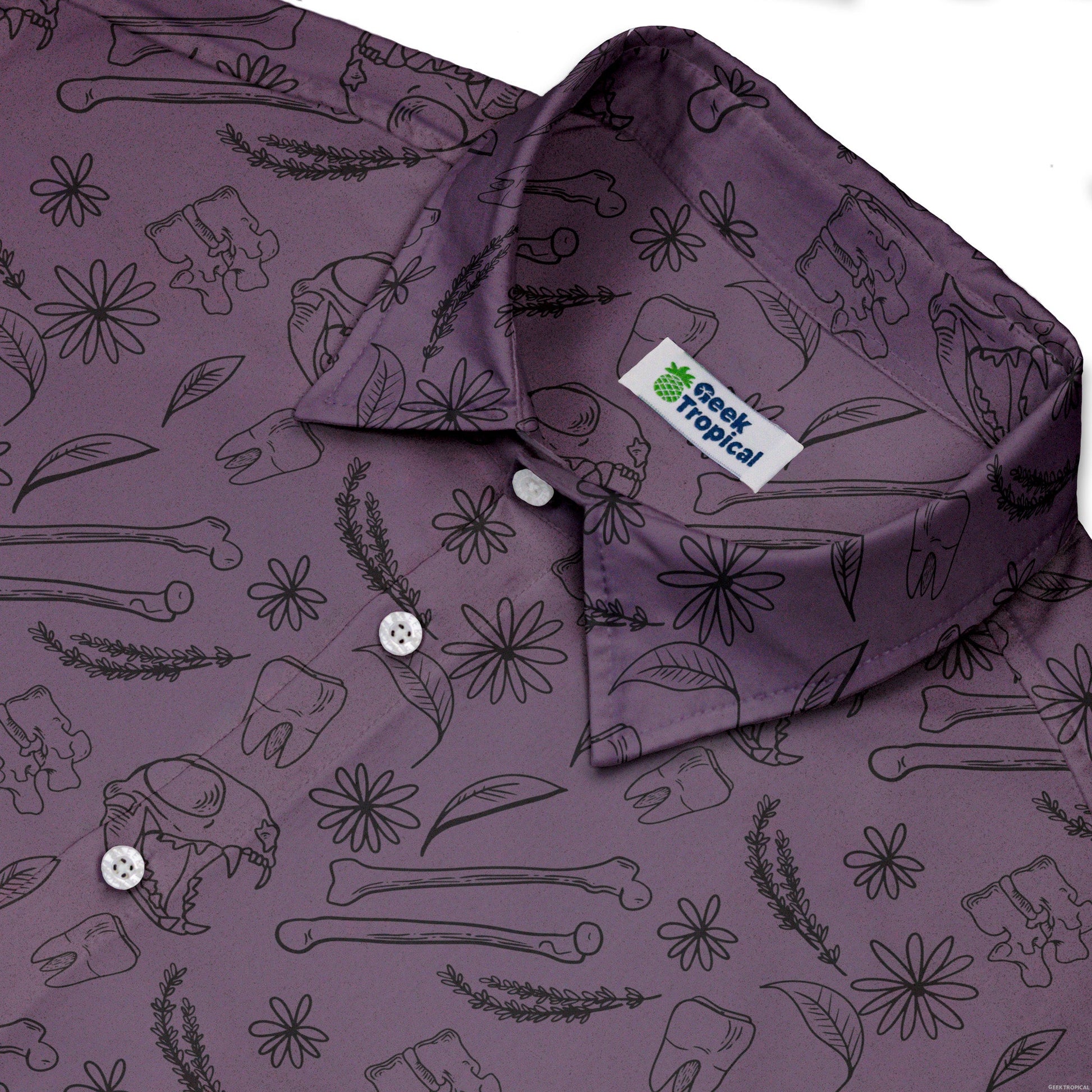 Bones and Flowers Purple Button Up Shirt Geek Nerd 0925 adult sizing All Adult Button Up Shirts