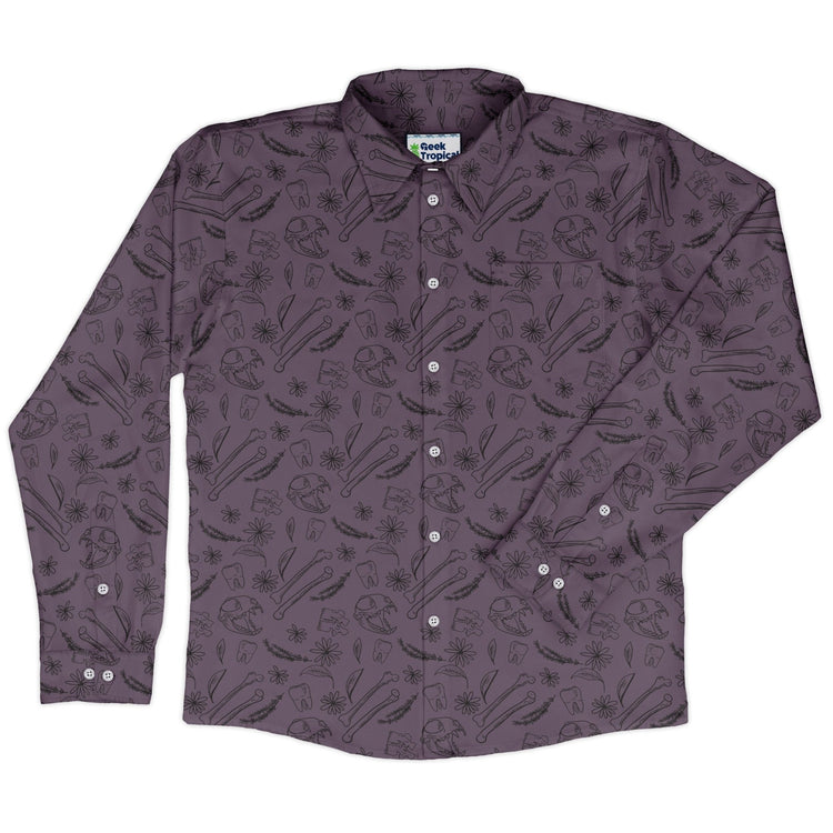 Bones and Flowers Purple Long Sleeve Button Up Shirt Geek Nerd 0925 adult sizing All Adult Button Up Shirts