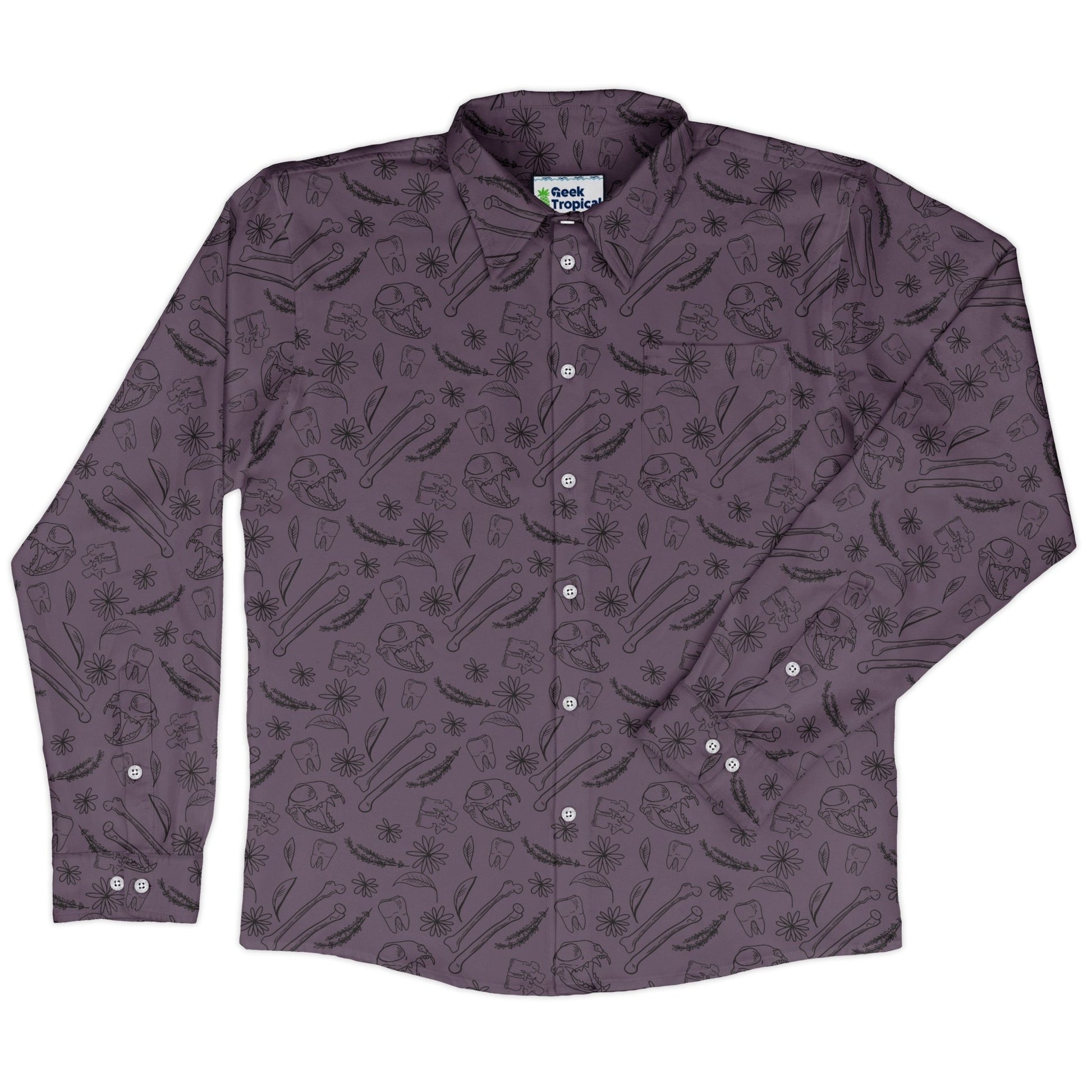 Bones and Flowers Purple Long Sleeve Button Up Shirt Geek Nerd 0925 adult sizing All Adult Button Up Shirts