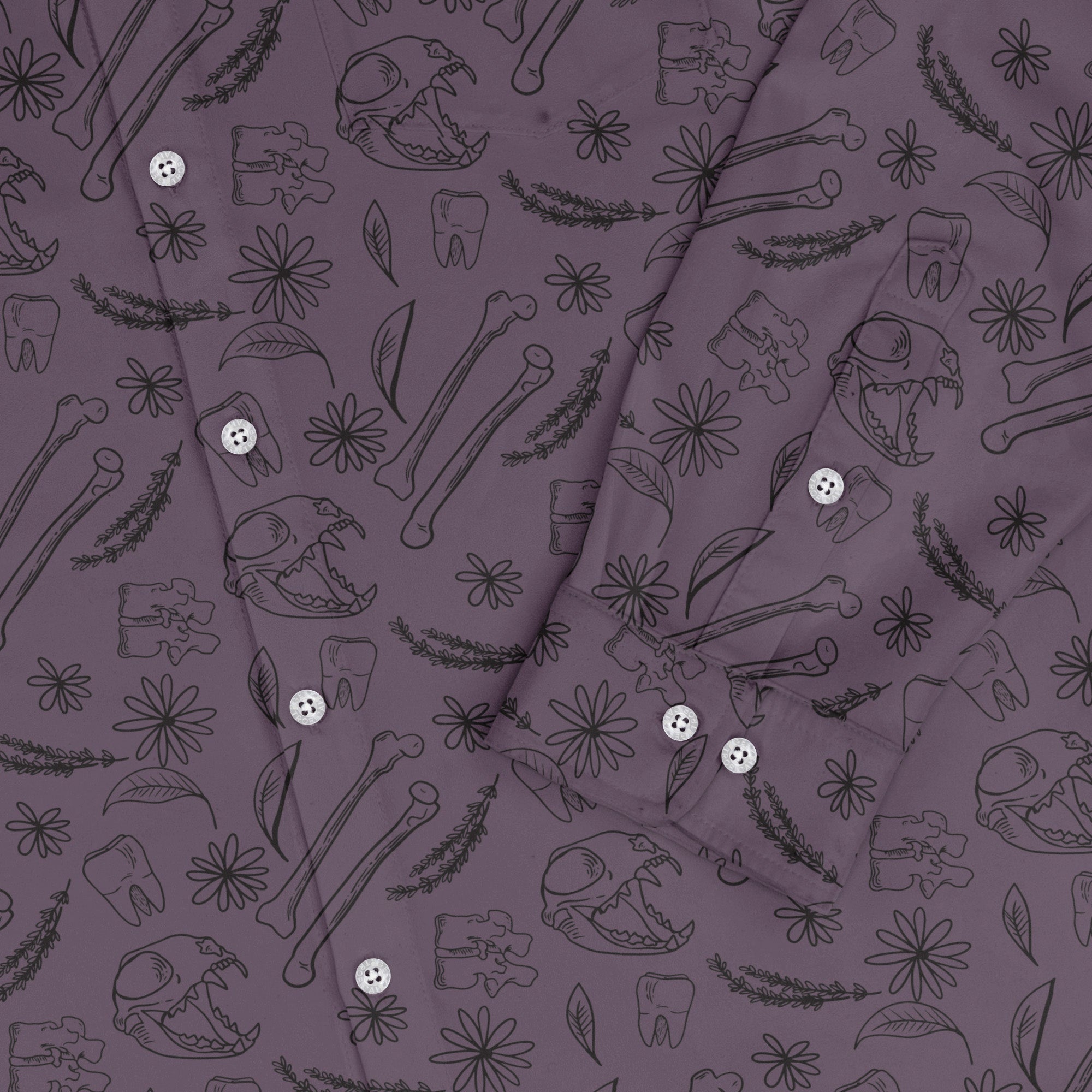 Bones and Flowers Purple Long Sleeve Button Up Shirt Geek Nerd 0925 adult sizing All Adult Button Up Shirts