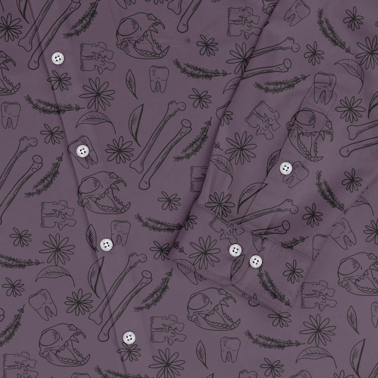 Bones and Flowers Purple Long Sleeve Button Up Shirt Geek Nerd 0925 adult sizing All Adult Button Up Shirts