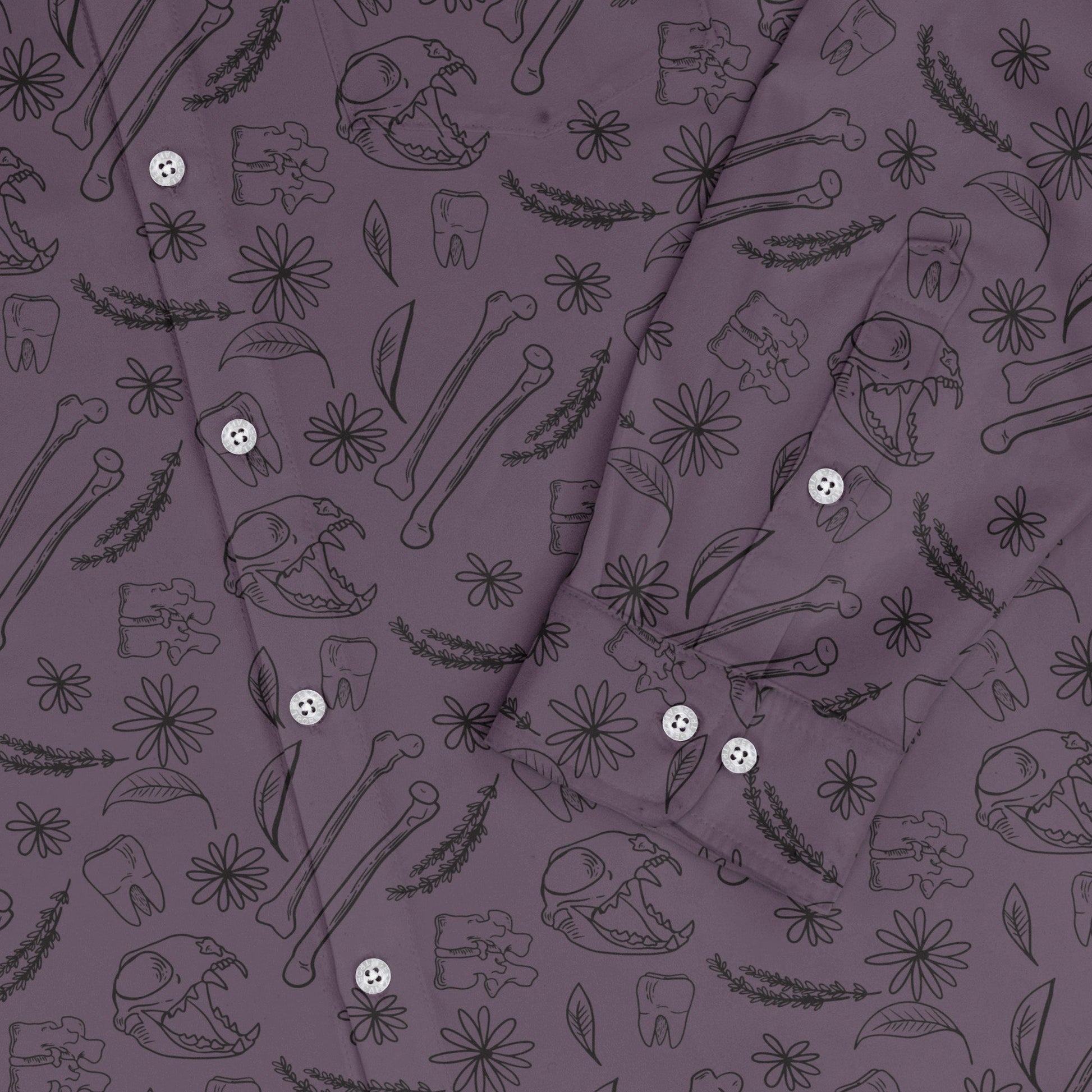 Bones and Flowers Purple Long Sleeve Button Up Shirt Geek Nerd 0925 adult sizing All Adult Button Up Shirts