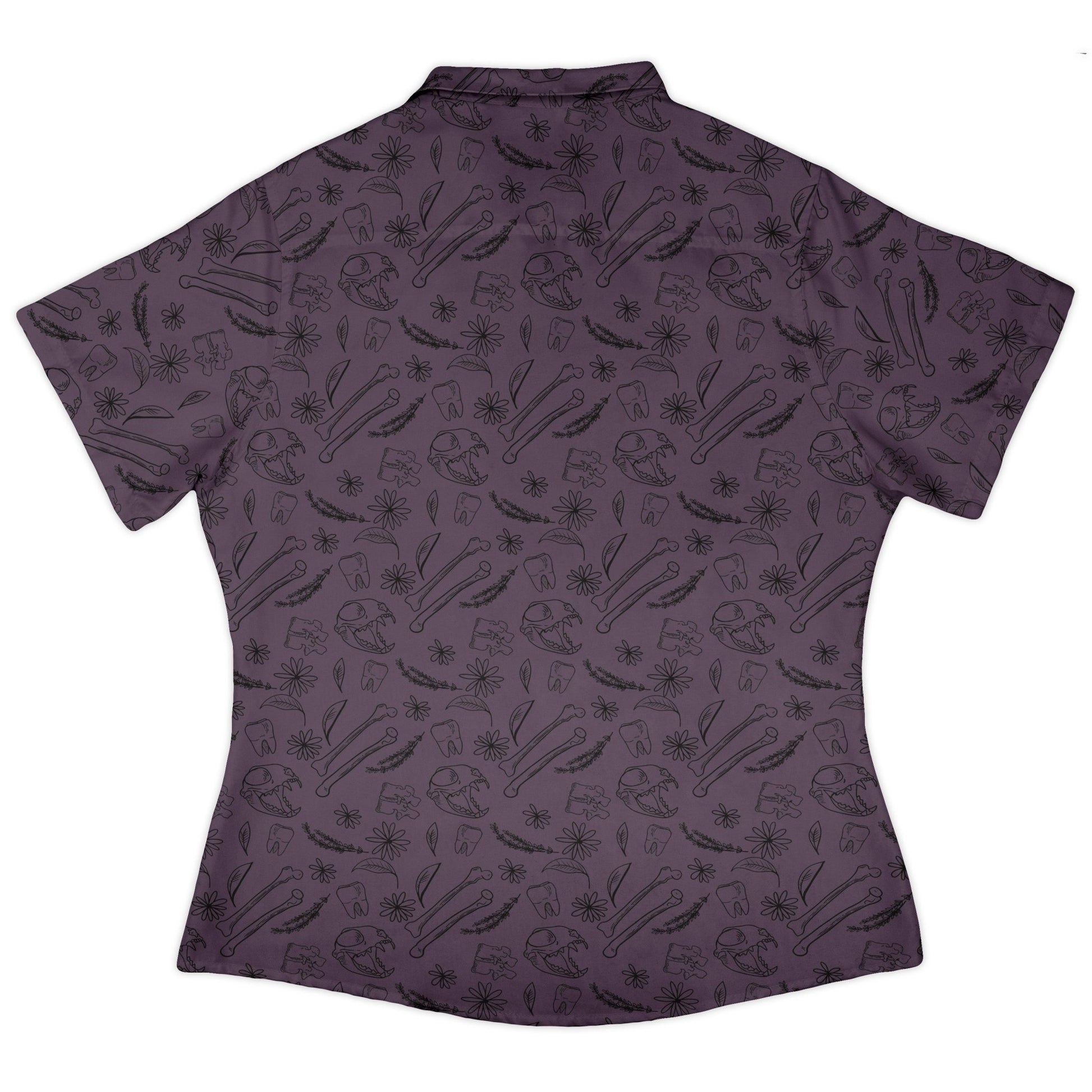 Bones and Flowers Purple Curvy Button Up Shirt Geek Nerd 0925 All Adult Button Up Shirts Botany Print
