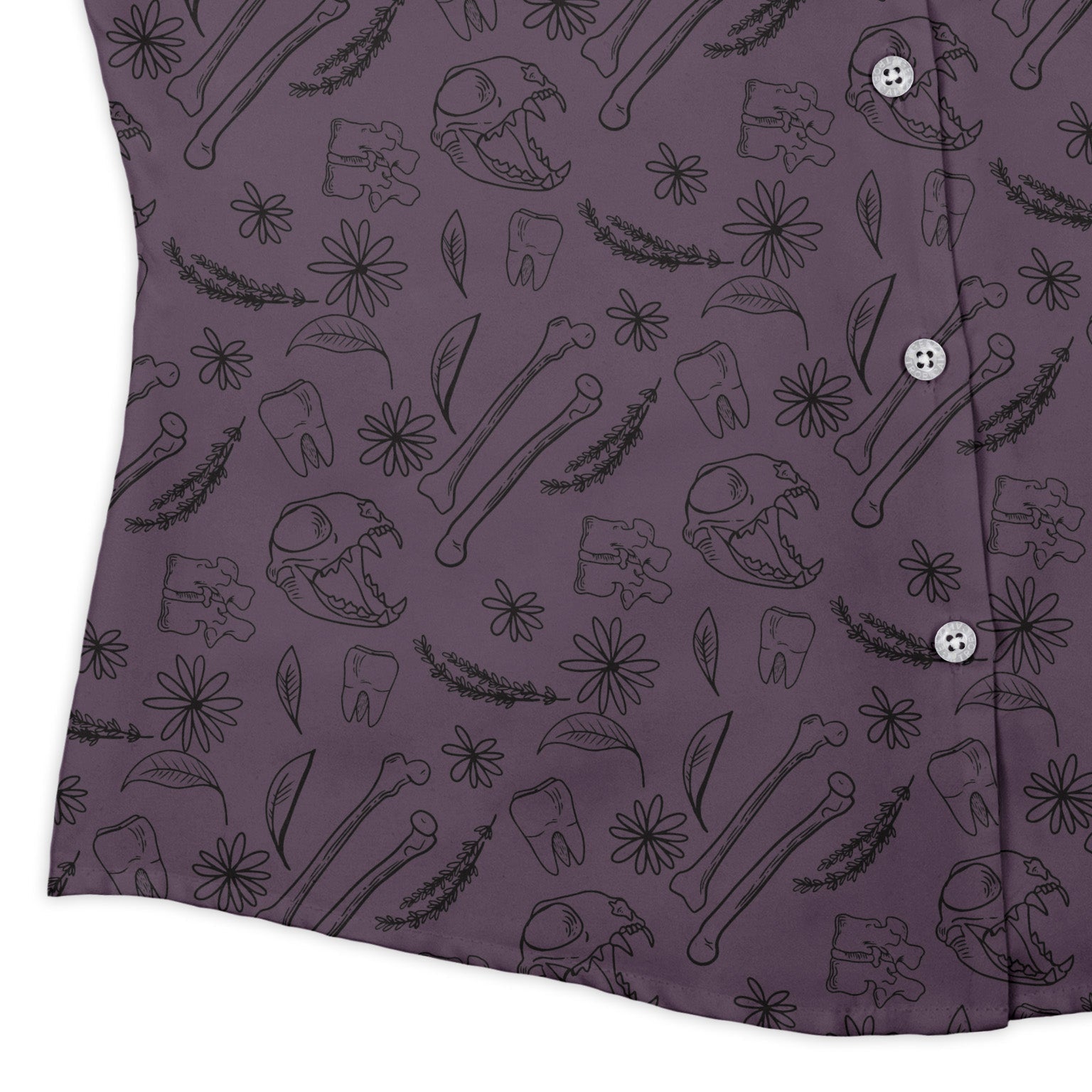 Bones and Flowers Purple Curvy Button Up Shirt Geek Nerd 0925 All Adult Button Up Shirts Botany Print