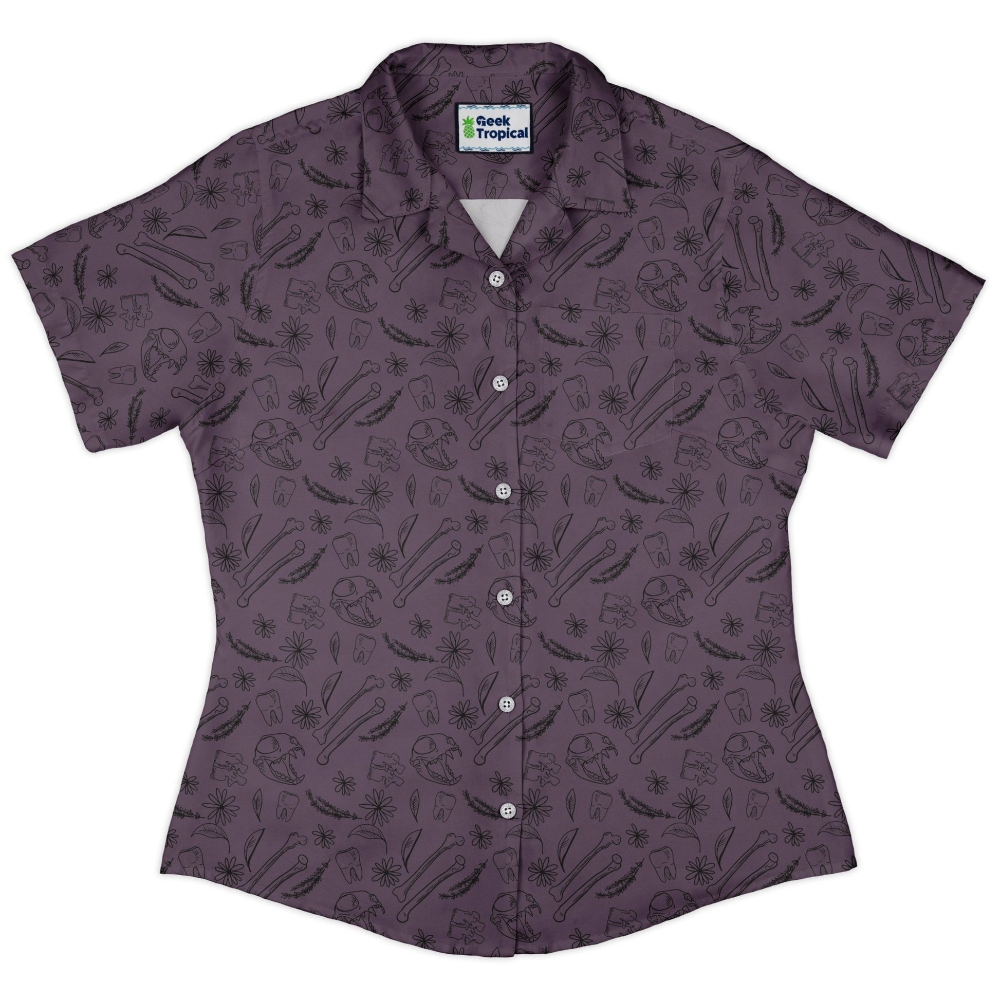 Bones and Flowers Purple Curvy Button Up Shirt Geek Nerd 0925 All Adult Button Up Shirts Botany Print