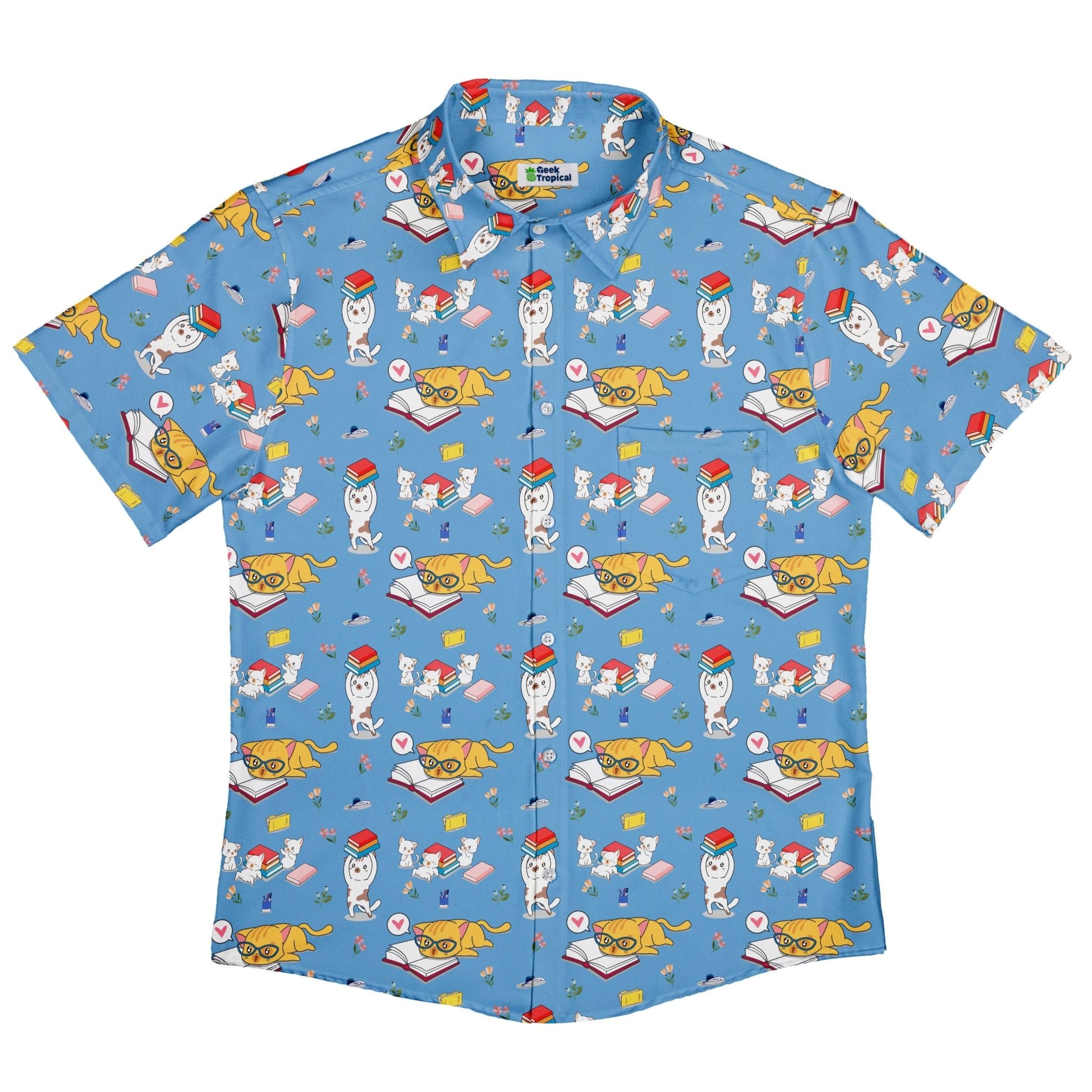 Book Nerd Cats Button Up Shirt - adult sizing - Animal Patterns - Book Prints