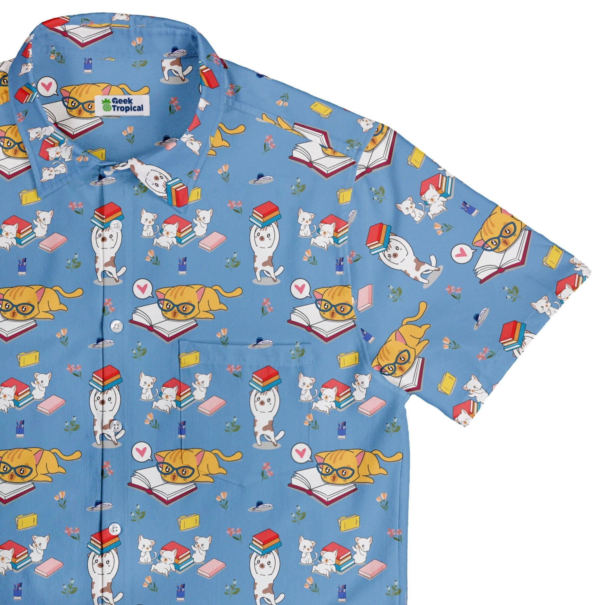 Book Nerd Cats Button Up Shirt - adult sizing - Animal Patterns - Book Prints