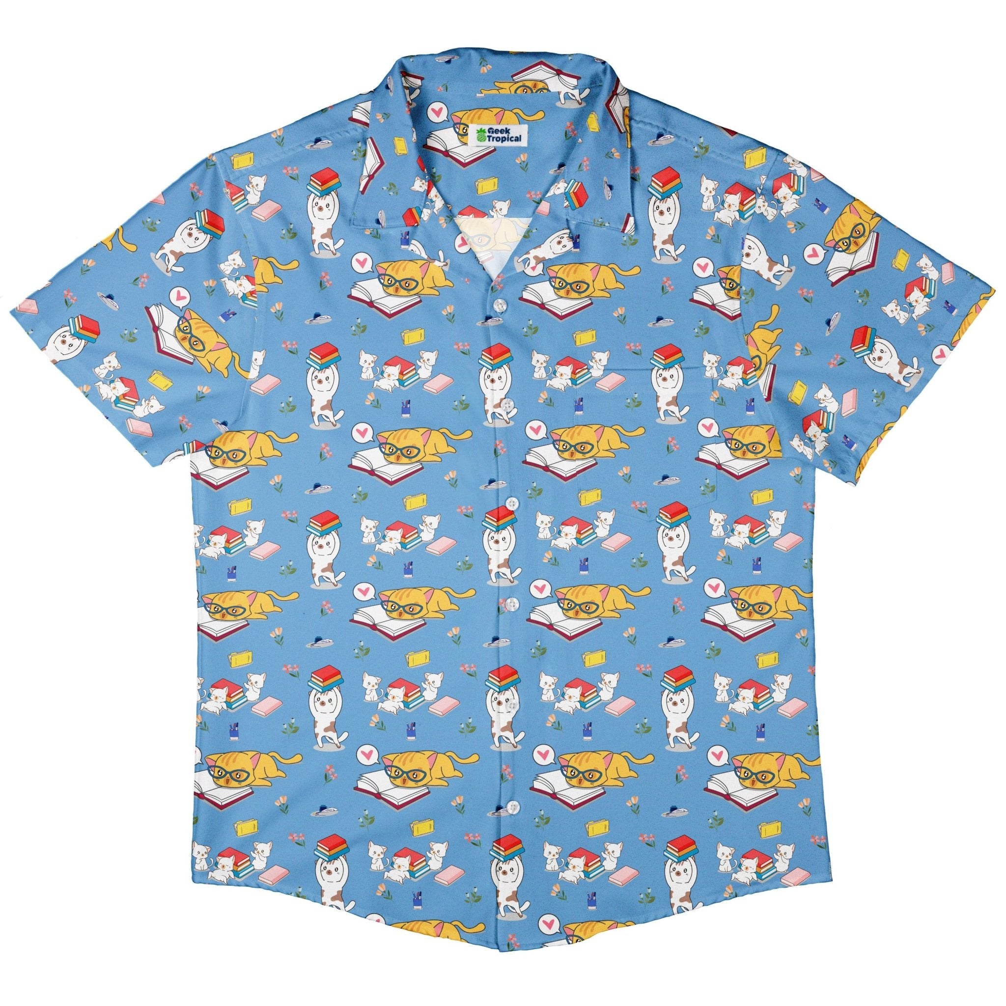 Book Nerd Cats Button Up Shirt - adult sizing - Animal Patterns - Book Prints