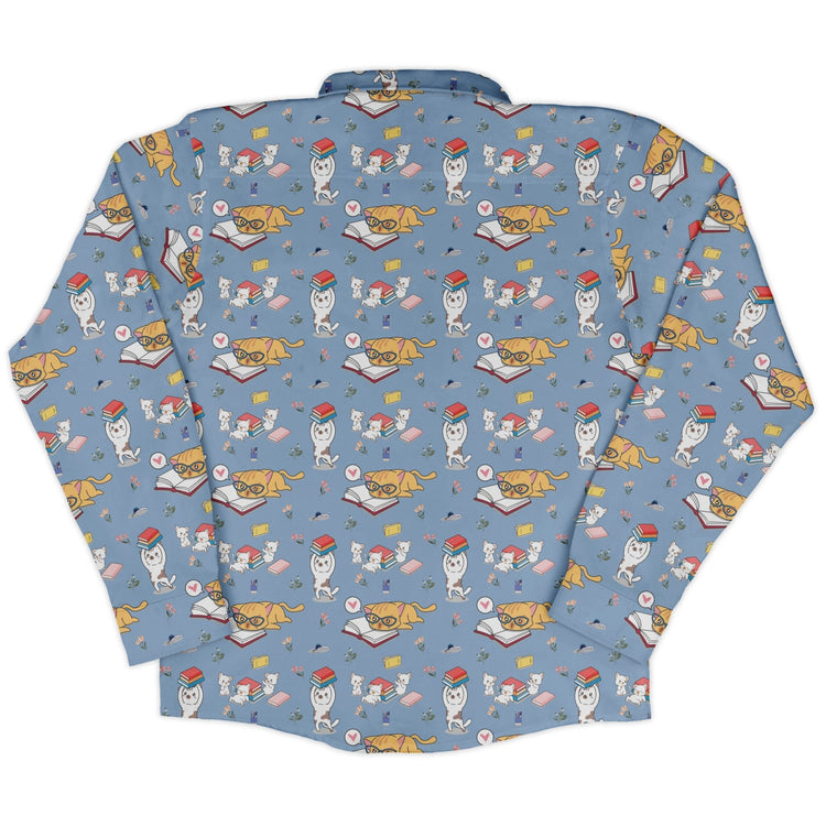 Book Nerd Cats Long Sleeve Button Up Shirt Geek Nerd adult sizing Animal Patterns Book Prints