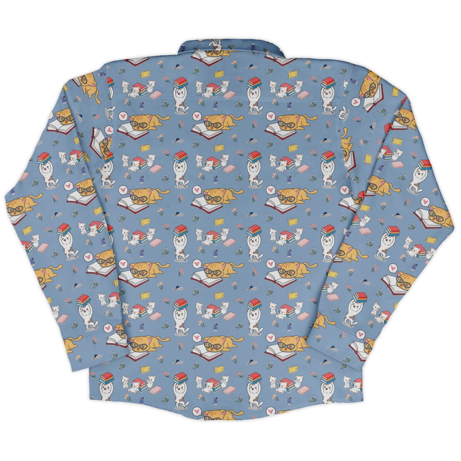 Book Nerd Cats Long Sleeve Button Up Shirt Geek Nerd adult sizing Animal Patterns Book Prints