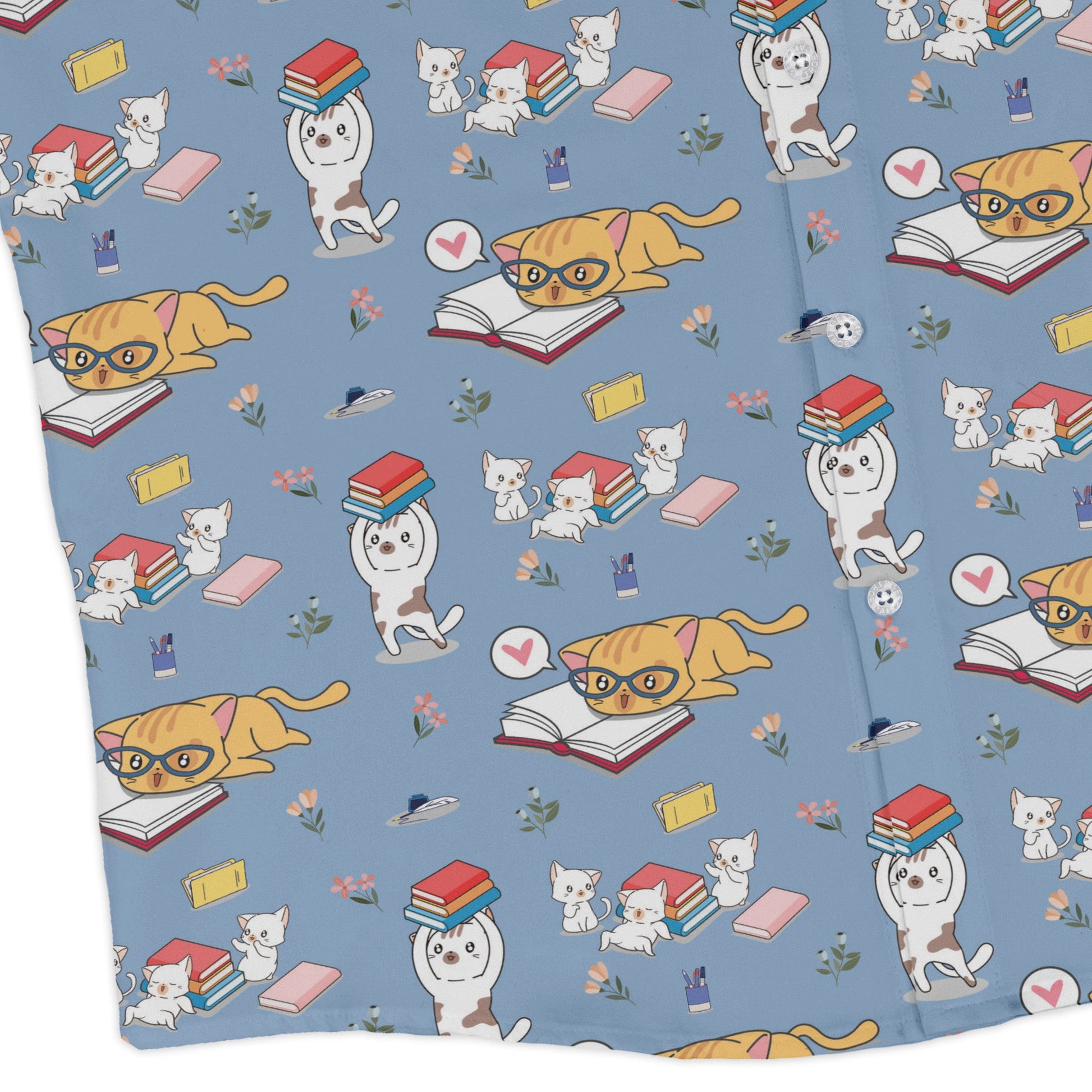 Book Nerd Cats Long Sleeve Button Up Shirt Geek Nerd adult sizing Animal Patterns Book Prints
