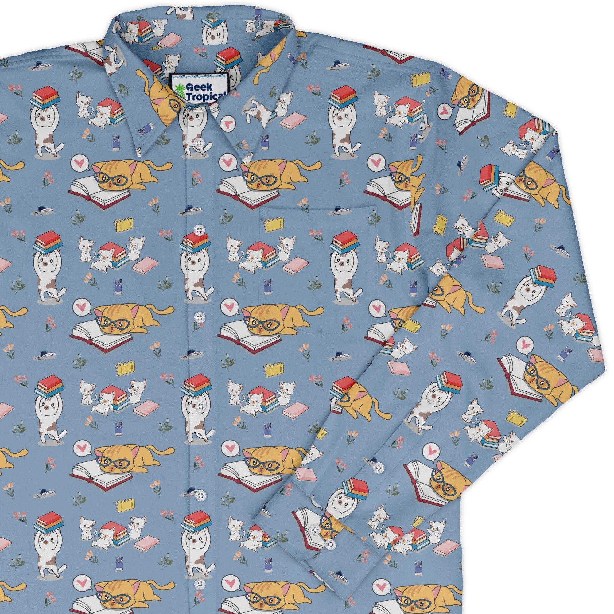 Book Nerd Cats Long Sleeve Button Up Shirt Geek Nerd adult sizing Animal Patterns Book Prints
