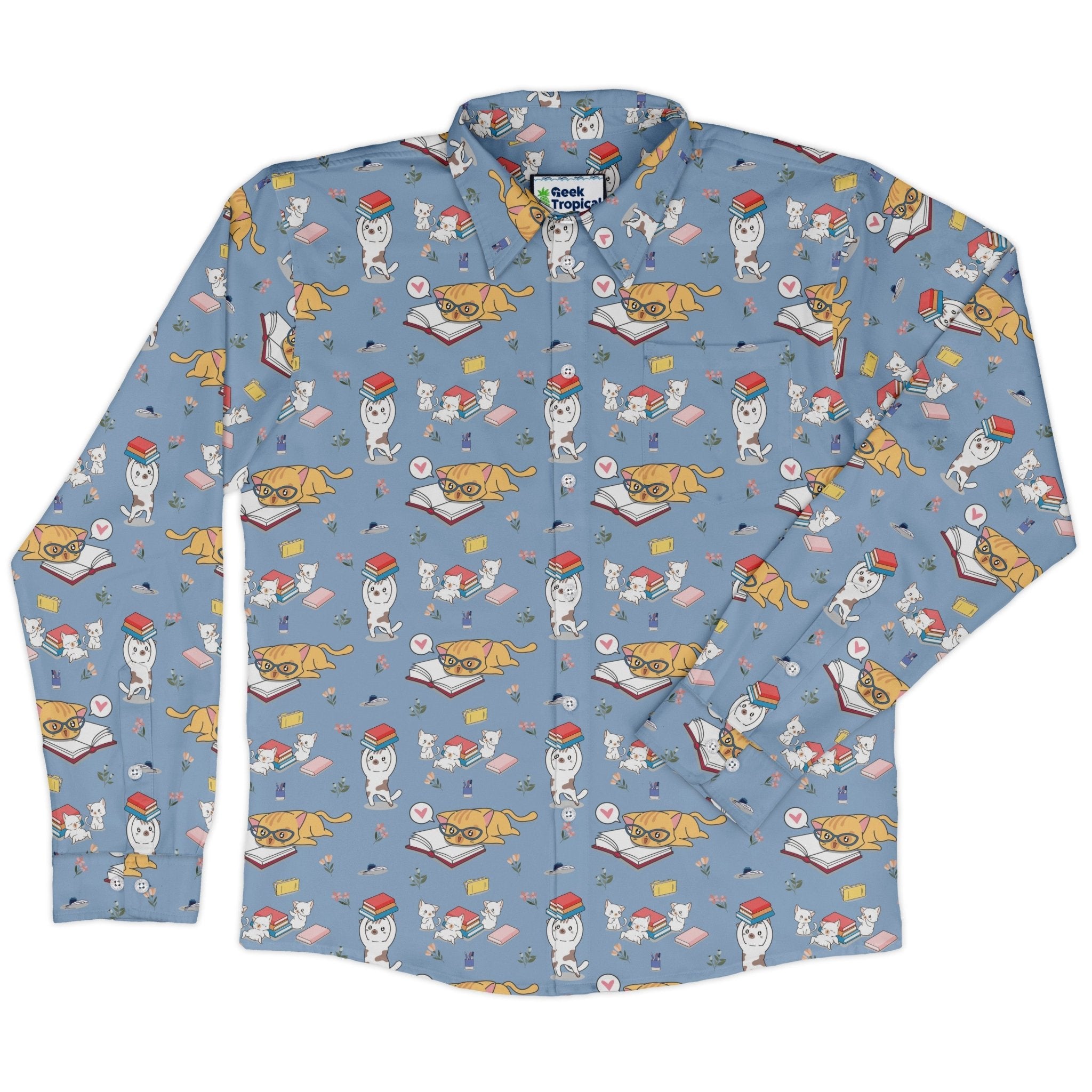 Book Nerd Cats Long Sleeve Button Up Shirt Geek Nerd adult sizing Animal Patterns Book Prints