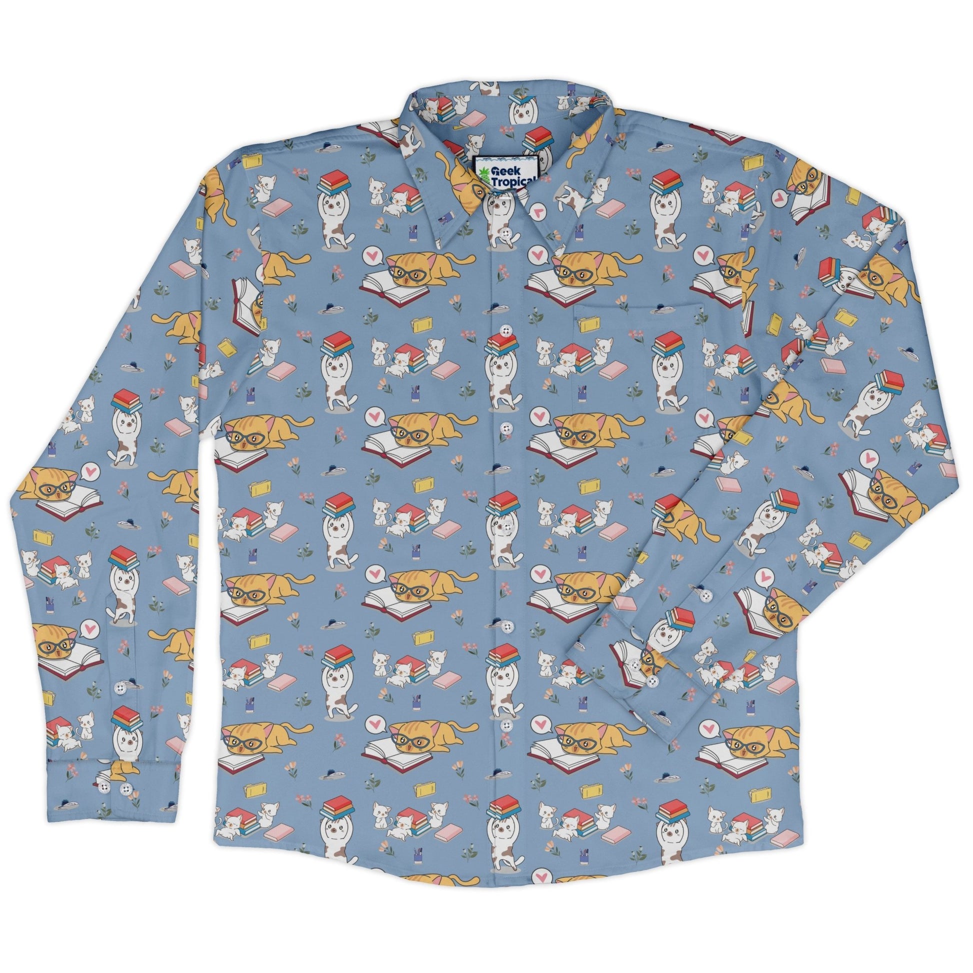 Book Nerd Cats Long Sleeve Button Up Shirt Geek Nerd adult sizing Animal Patterns Book Prints