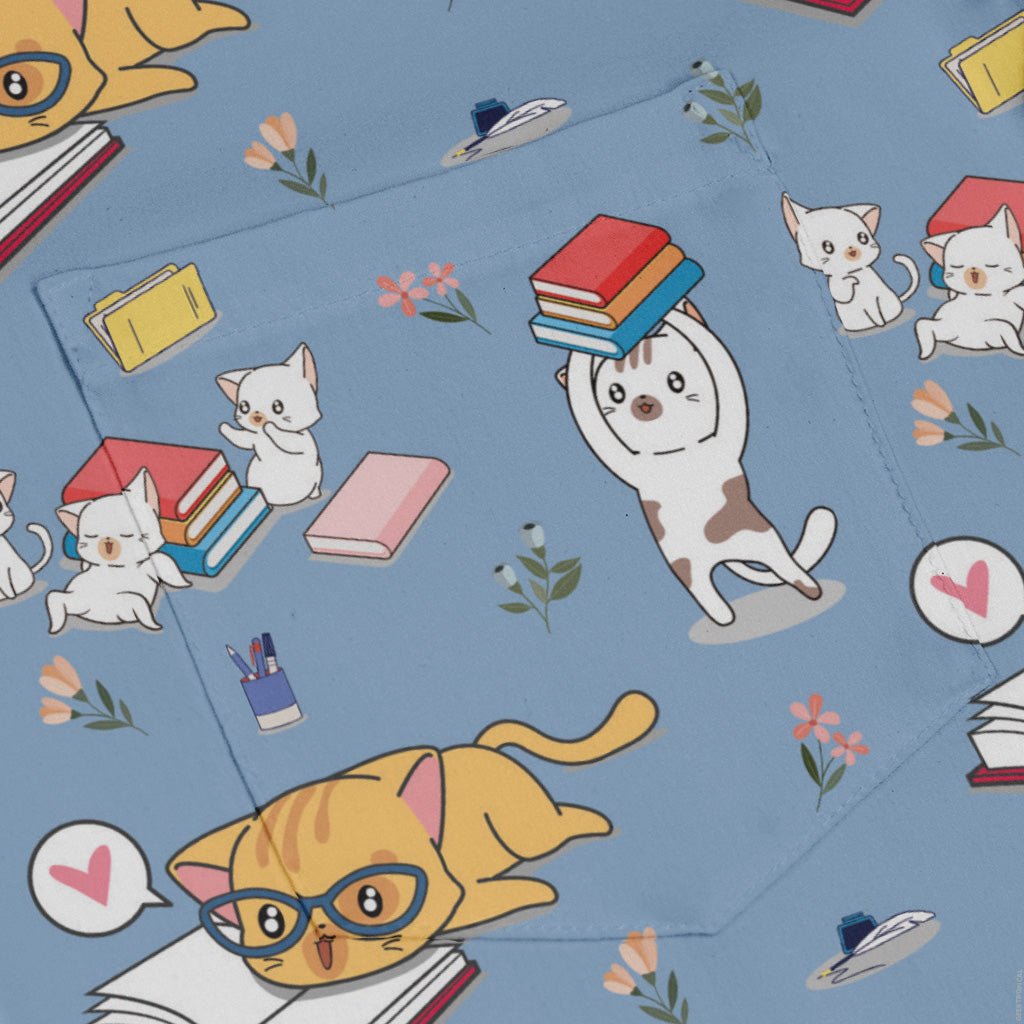 Book Nerd Cats Long Sleeve Button Up Shirt Geek Nerd adult sizing Animal Patterns Book Prints