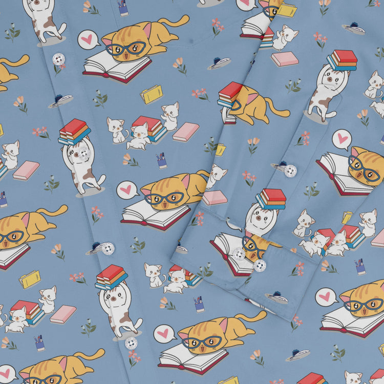 Book Nerd Cats Long Sleeve Button Up Shirt Geek Nerd adult sizing Animal Patterns Book Prints