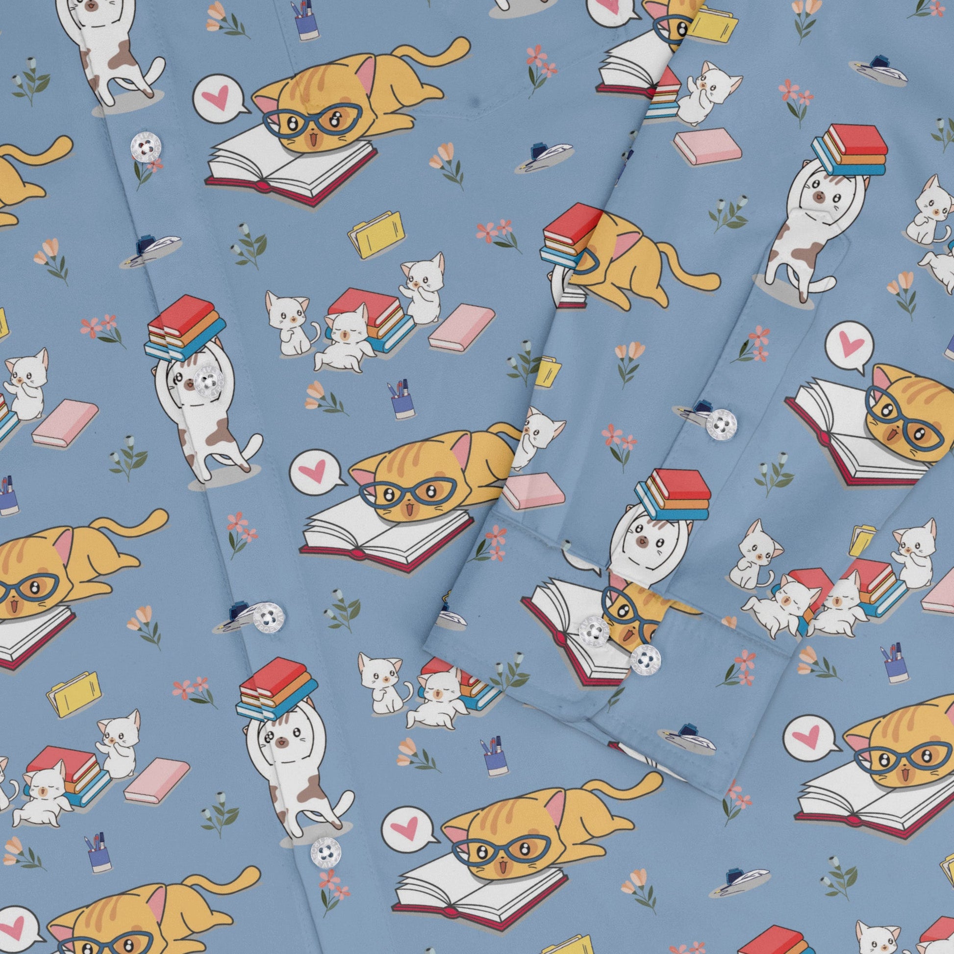 Book Nerd Cats Long Sleeve Button Up Shirt Geek Nerd adult sizing Animal Patterns Book Prints