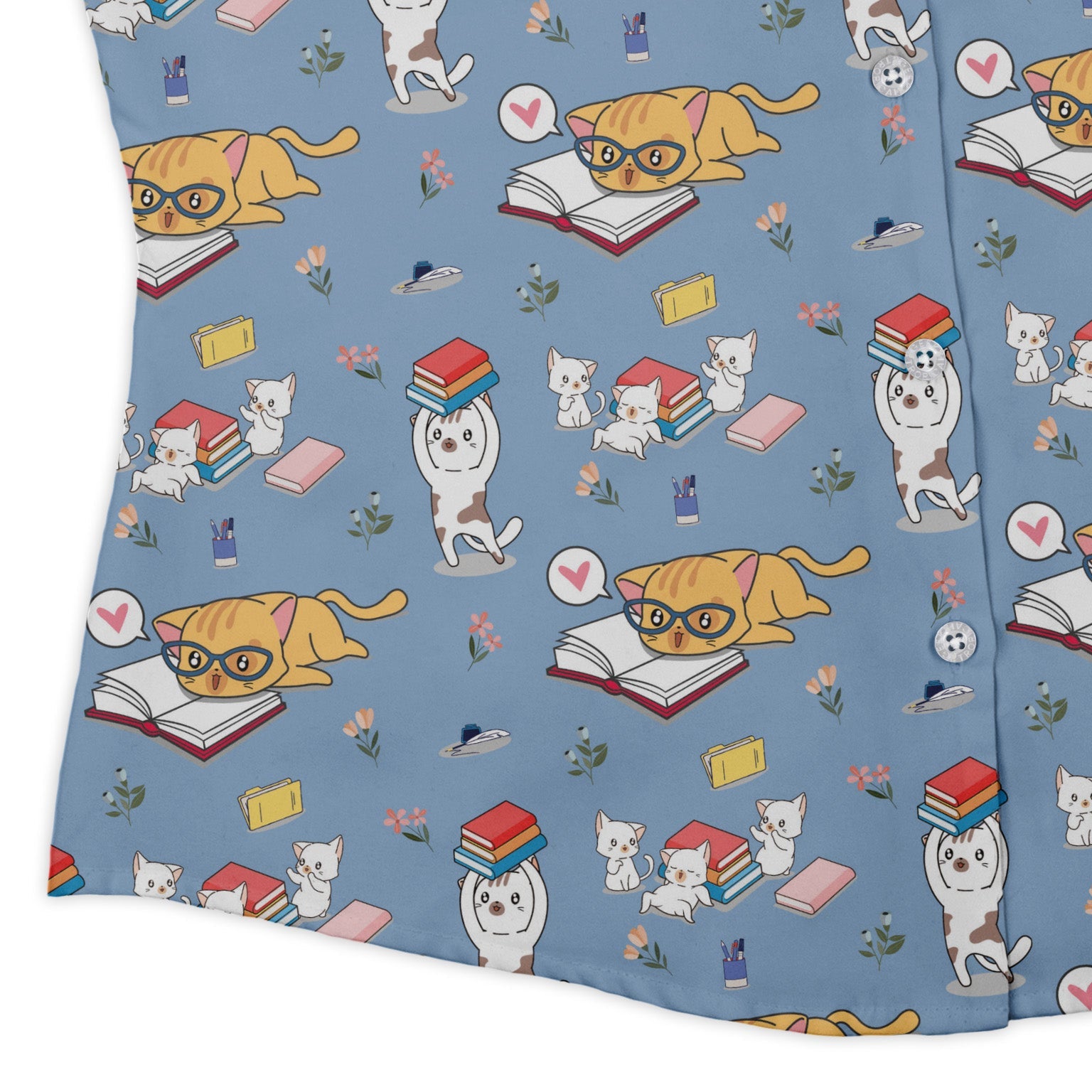 Book Nerd Cats Curvy Button Up Shirt Geek Nerd Animal Patterns Book Prints women