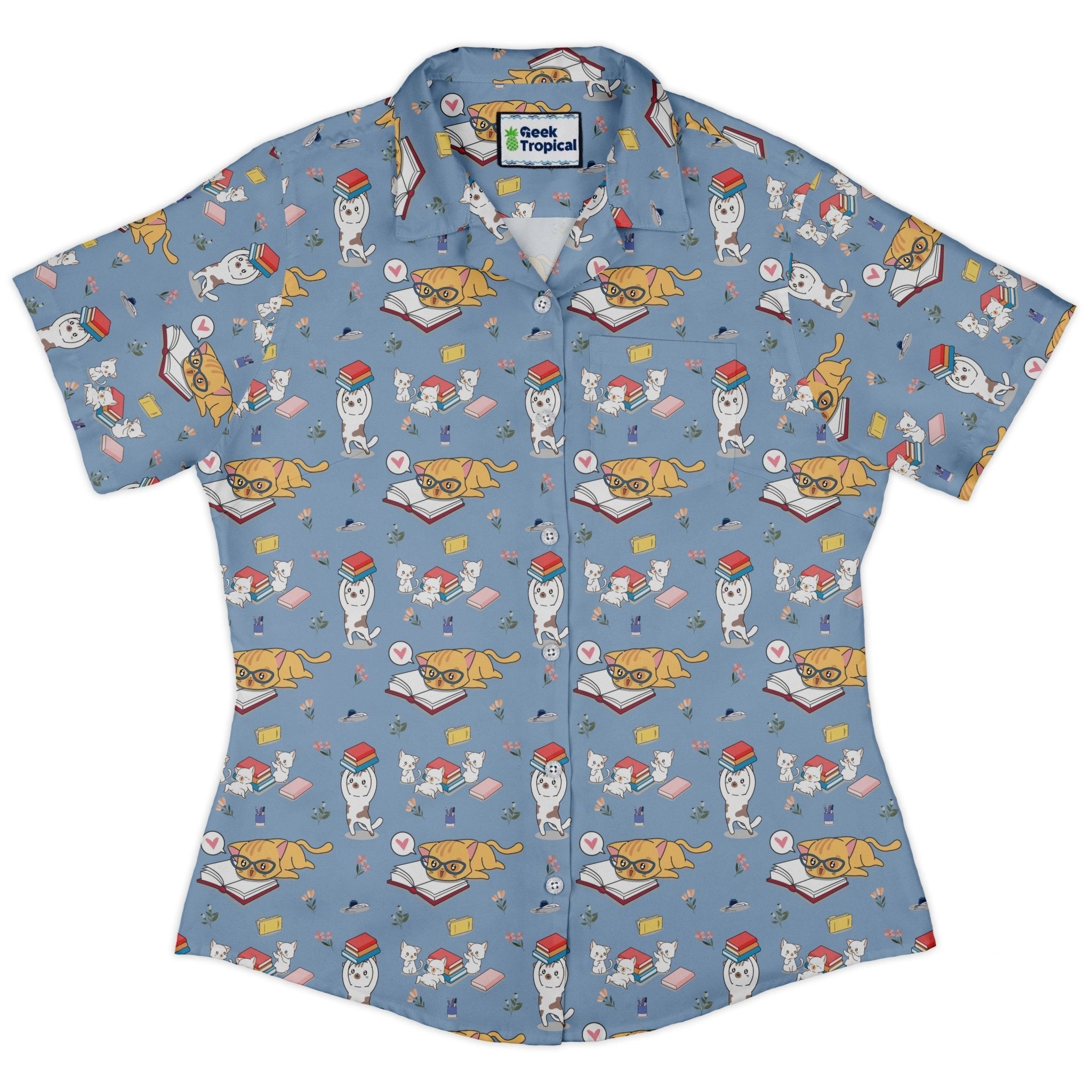 Book Nerd Cats Curvy Button Up Shirt Geek Nerd Animal Patterns Book Prints women
