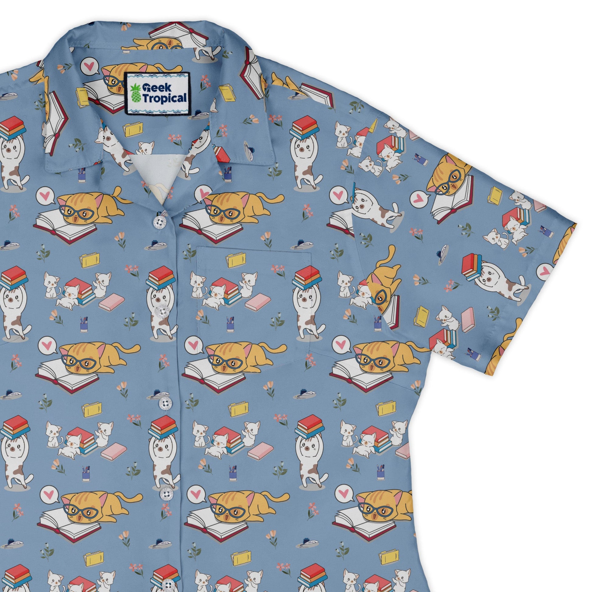 Book Nerd Cats Curvy Button Up Shirt Geek Nerd Animal Patterns Book Prints women