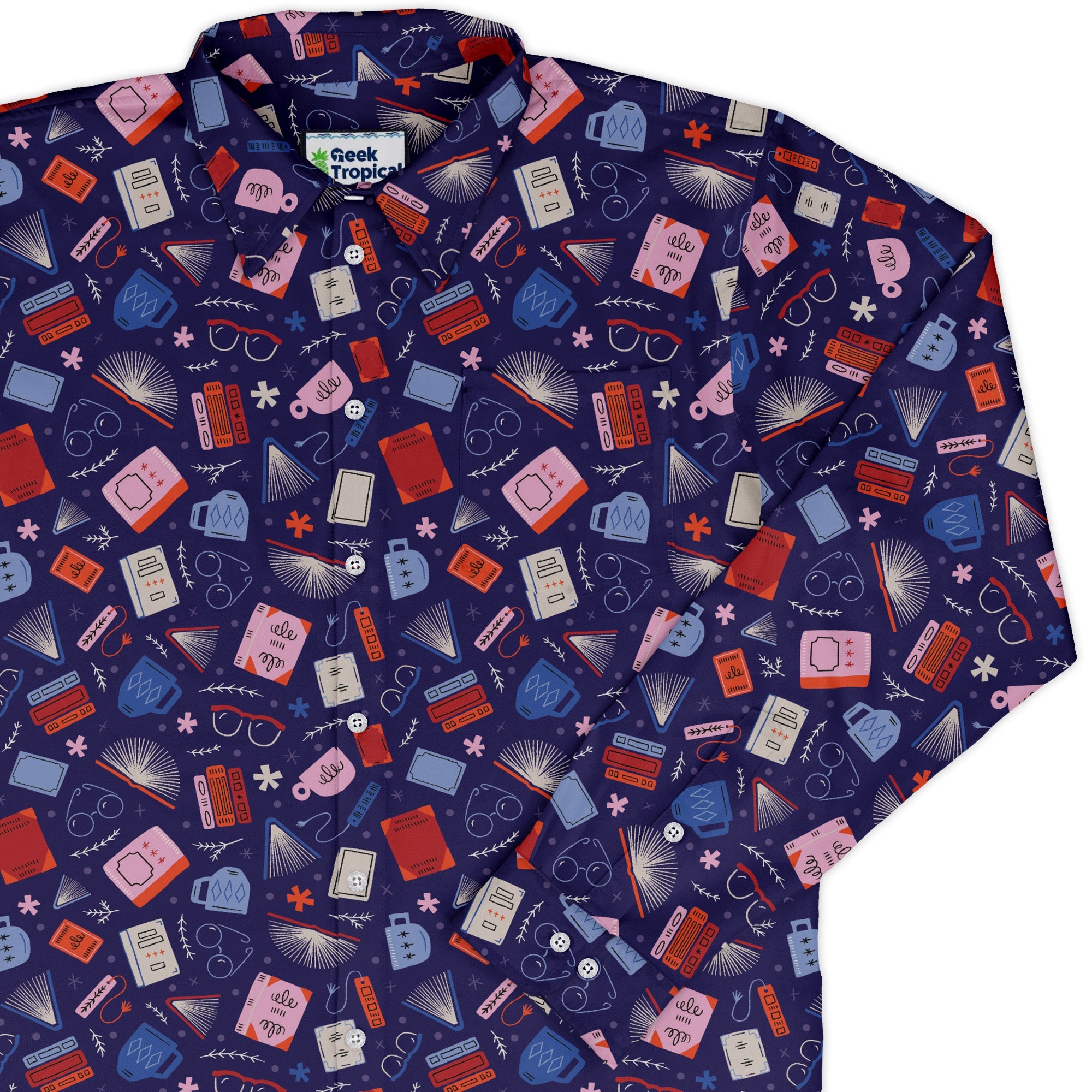 Book Nerd Long Sleeve Button Up Shirt Geek Nerd adult sizing book prints Design by Zirkus Design