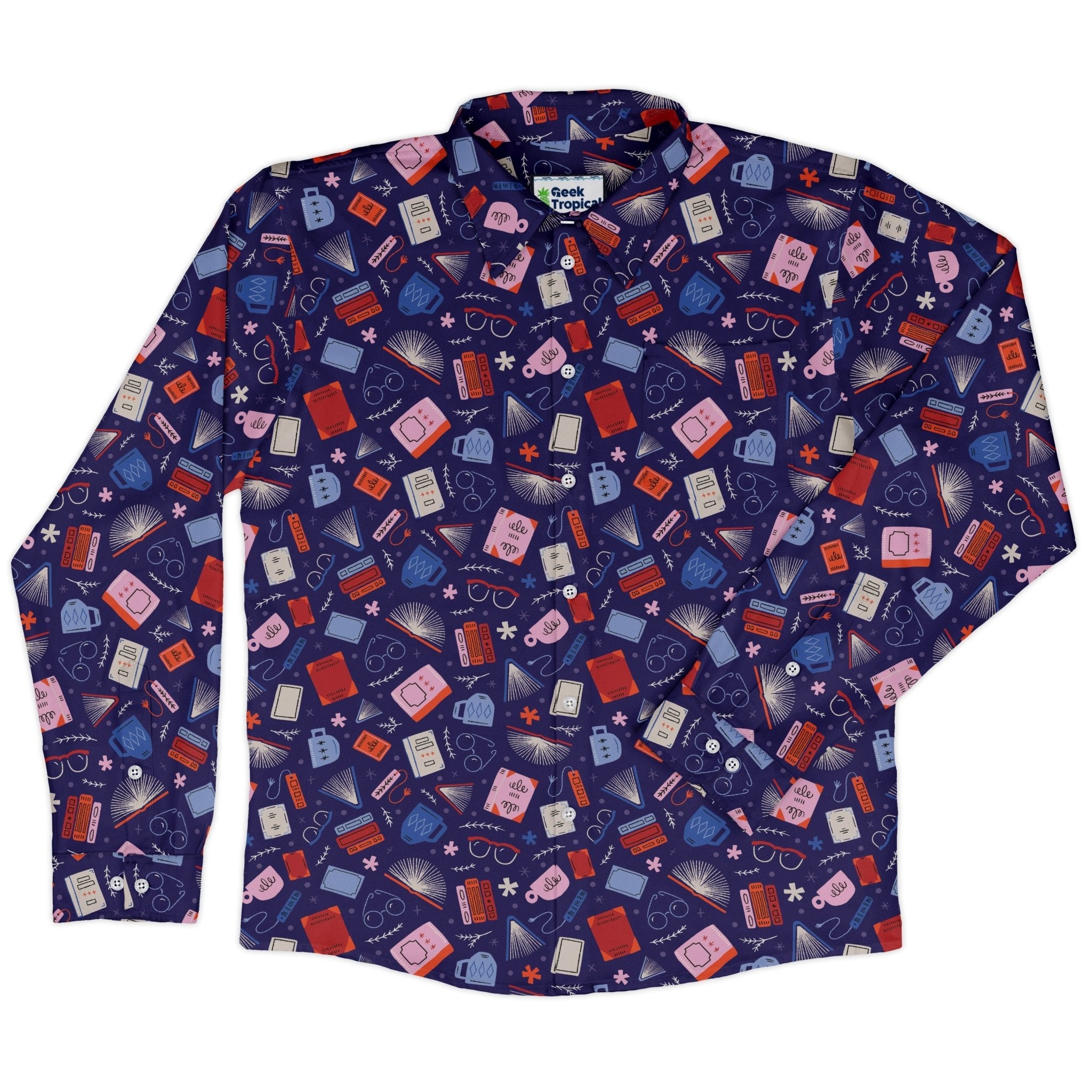 Book Nerd Long Sleeve Button Up Shirt Geek Nerd adult sizing book prints Design by Zirkus Design