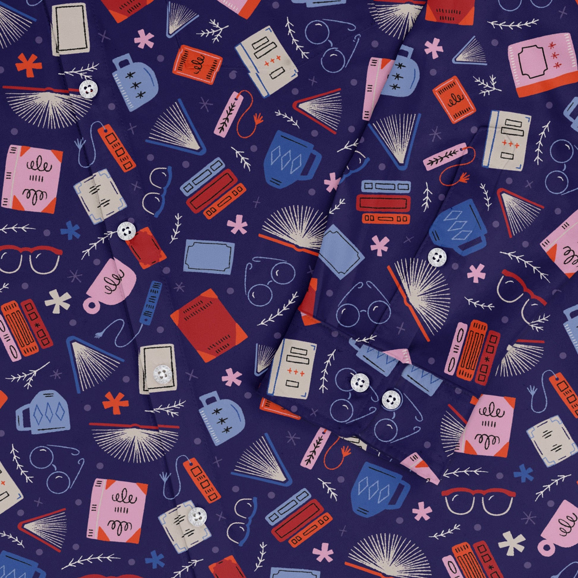 Book Nerd Long Sleeve Button Up Shirt Geek Nerd adult sizing book prints Design by Zirkus Design