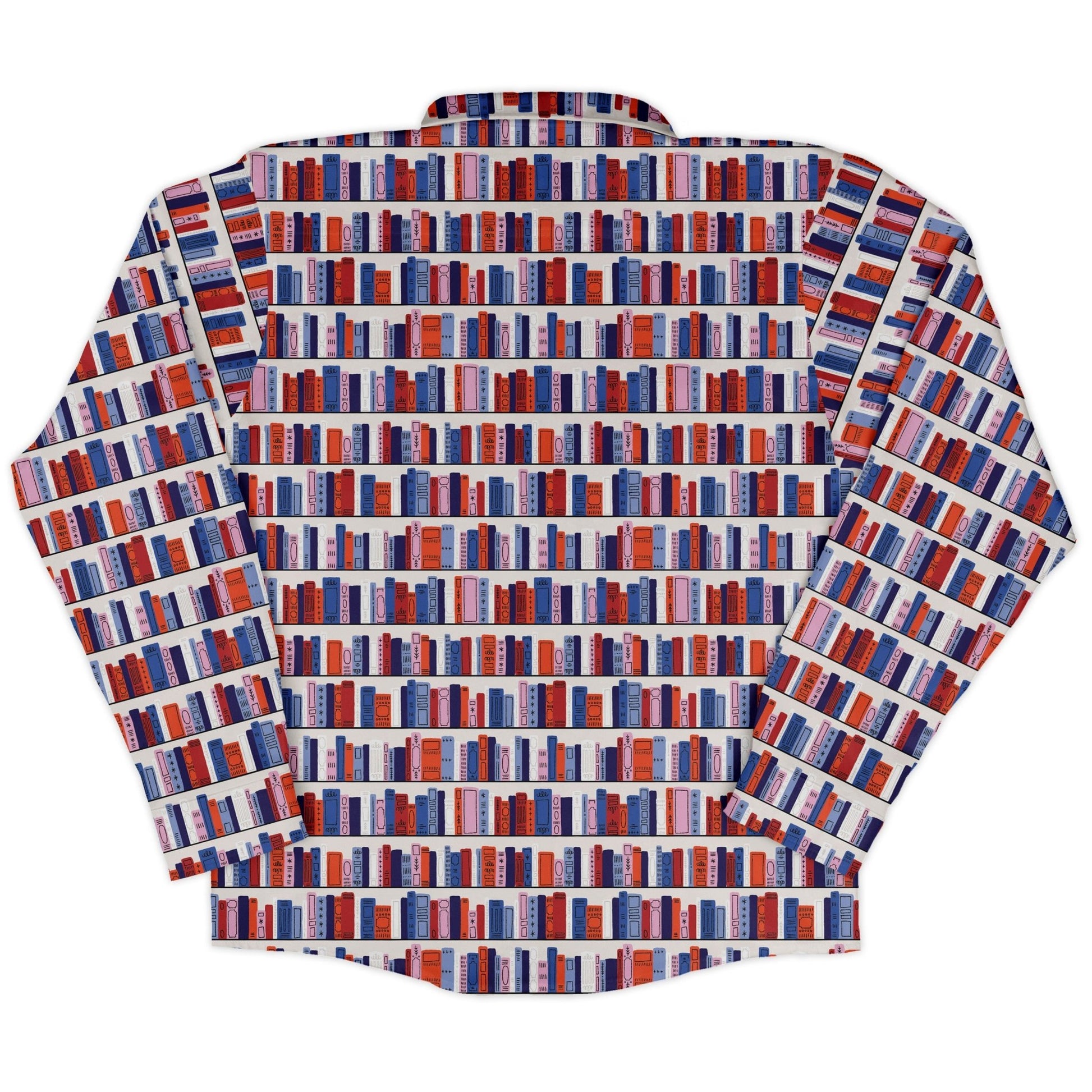 Book Shelf Long Sleeve Button Up Shirt Geek Nerd adult sizing book prints Design by Zirkus Design